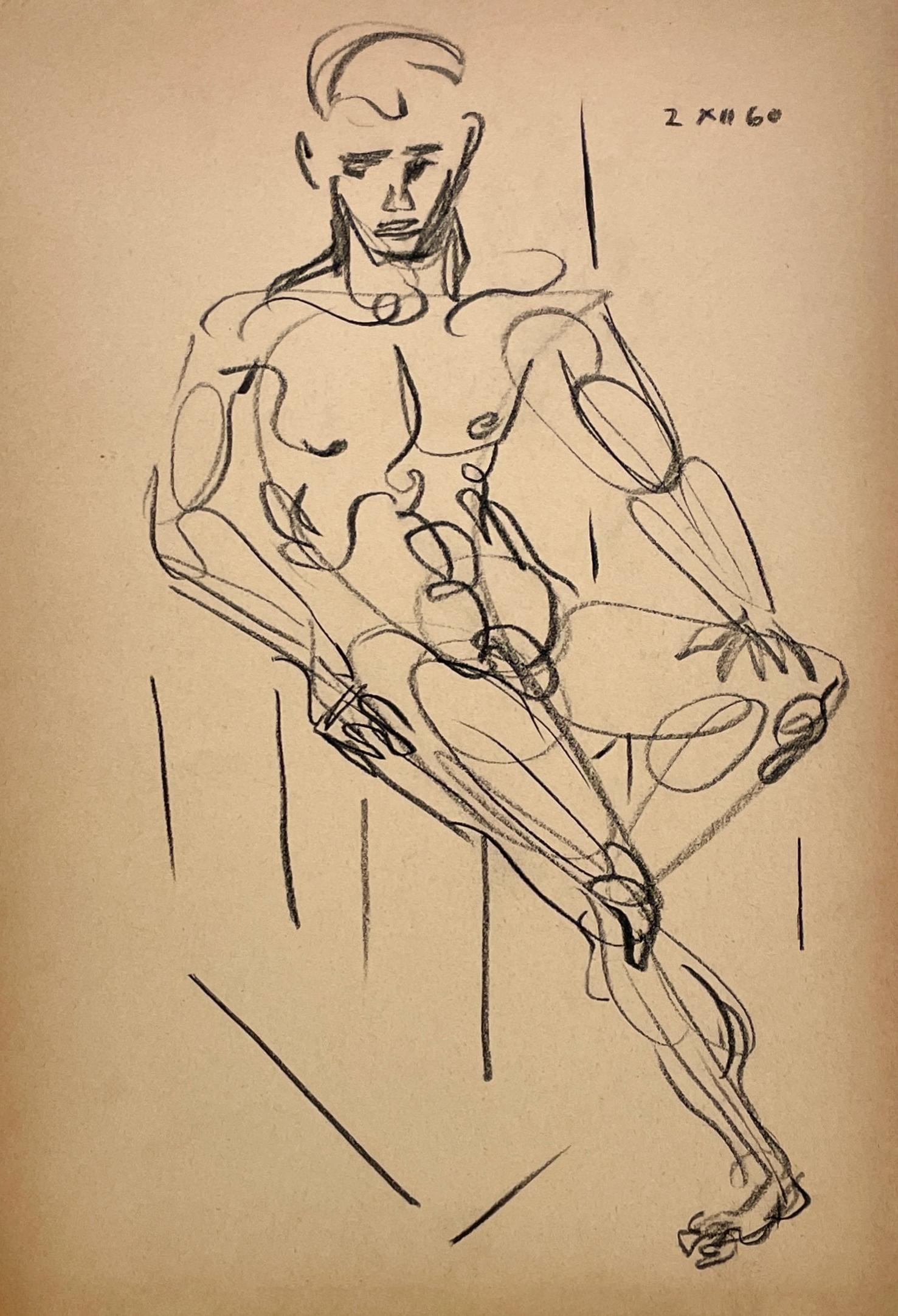 A Fine Mid-Century Modern Abstract Figure Study Drawing, Male Model, Young Man