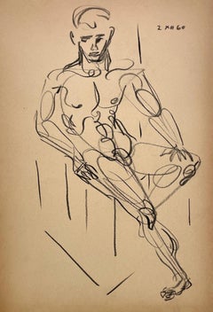 A Fine Mid-Century Modern Abstract Figure Study Drawing, Male Model, Young Man