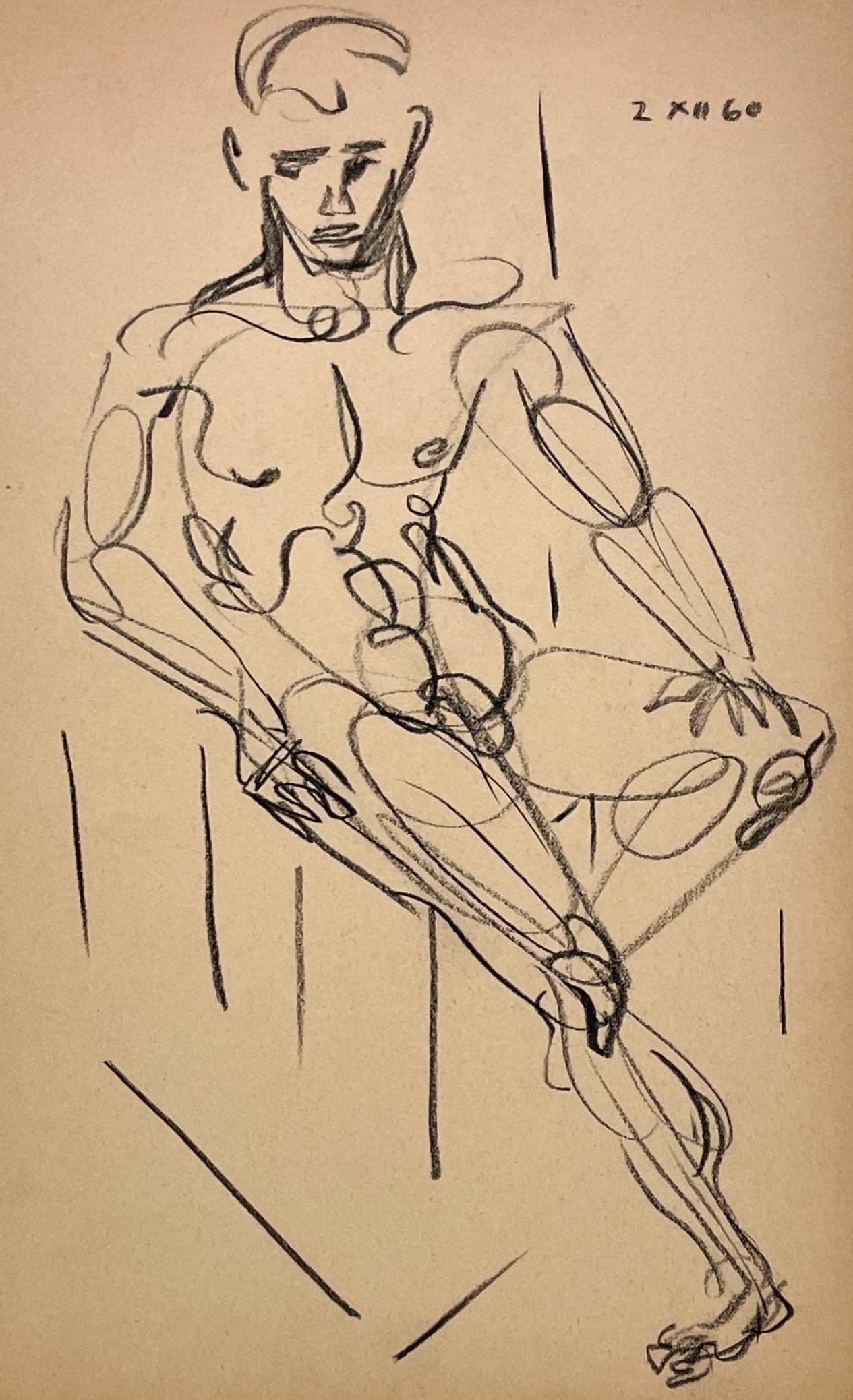 Fino dibujo abstracto de mediados de siglo para estudio de figura, modelo masculino, hombre joven. - Nude Beige de Harold Haydon