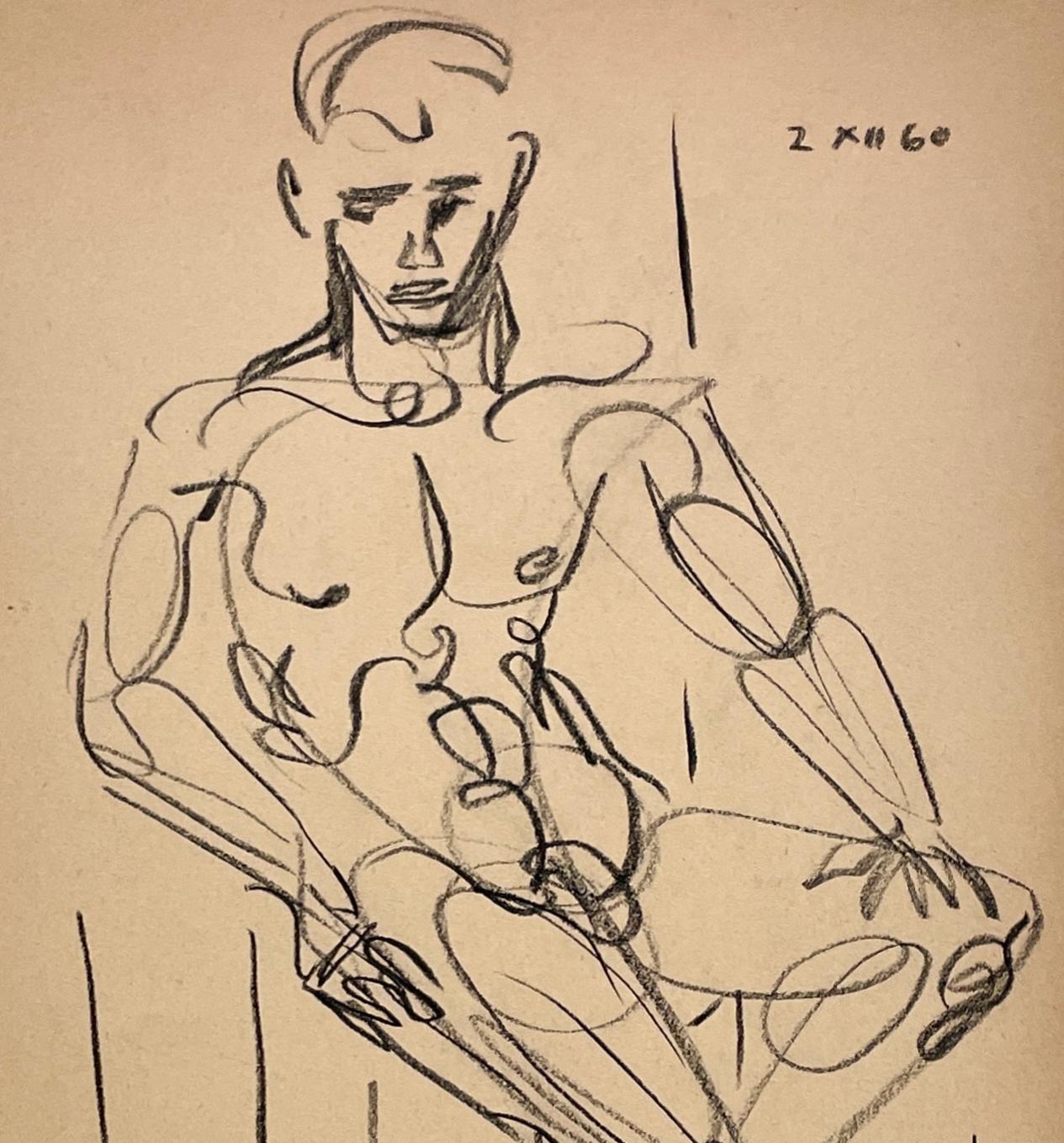 Dibujo de estudio de una figura abstracta, moderna de mediados de siglo, de un modelo masculino sentado, un hombre joven, del famoso artista de Chicago Harold Haydon (Am. 1909-1994).  Un dibujo moderno a carboncillo de Haydon de los años 60,