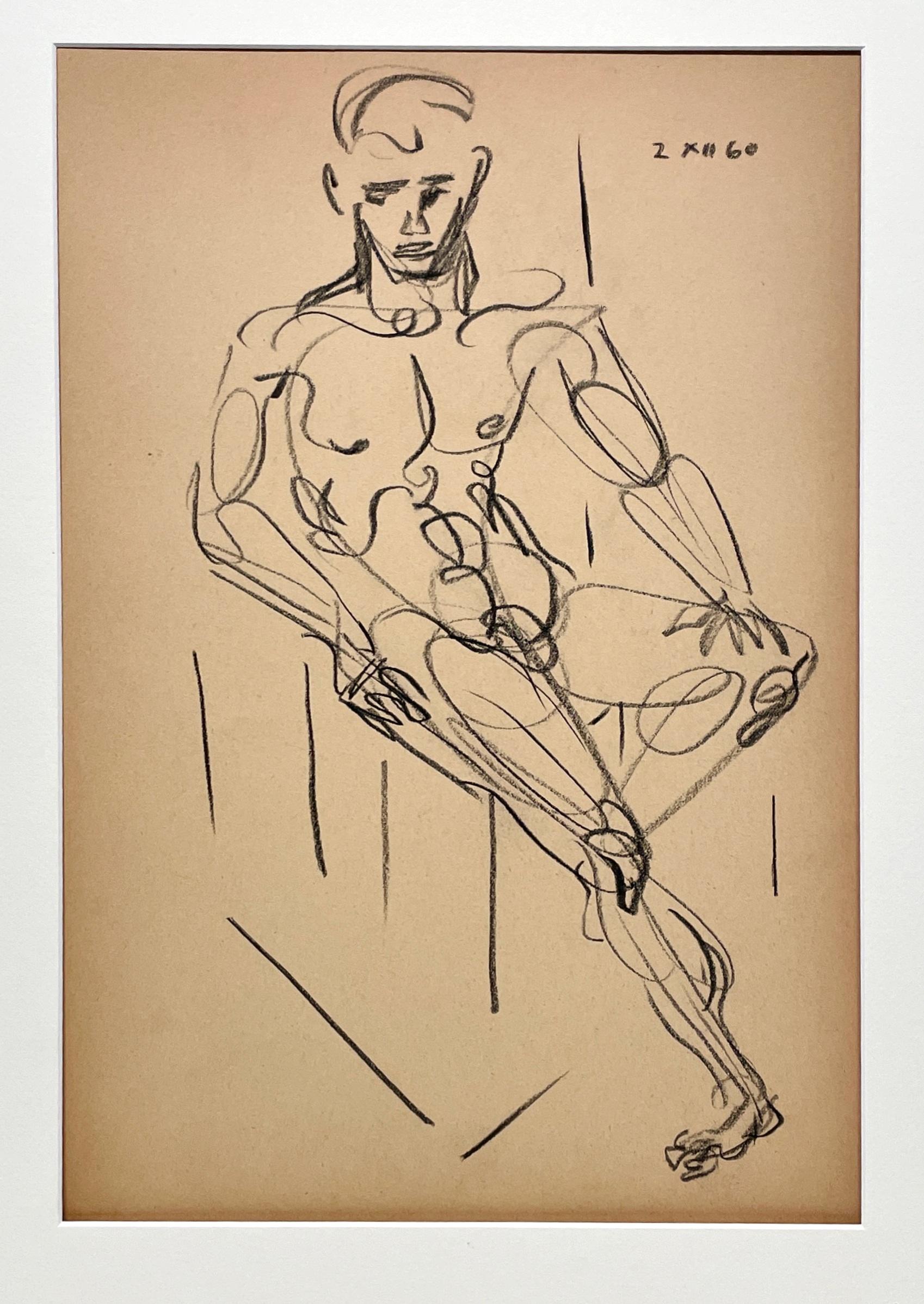 Fino dibujo abstracto de mediados de siglo para estudio de figura, modelo masculino, hombre joven. - Art moderno estadounidense de Harold Haydon