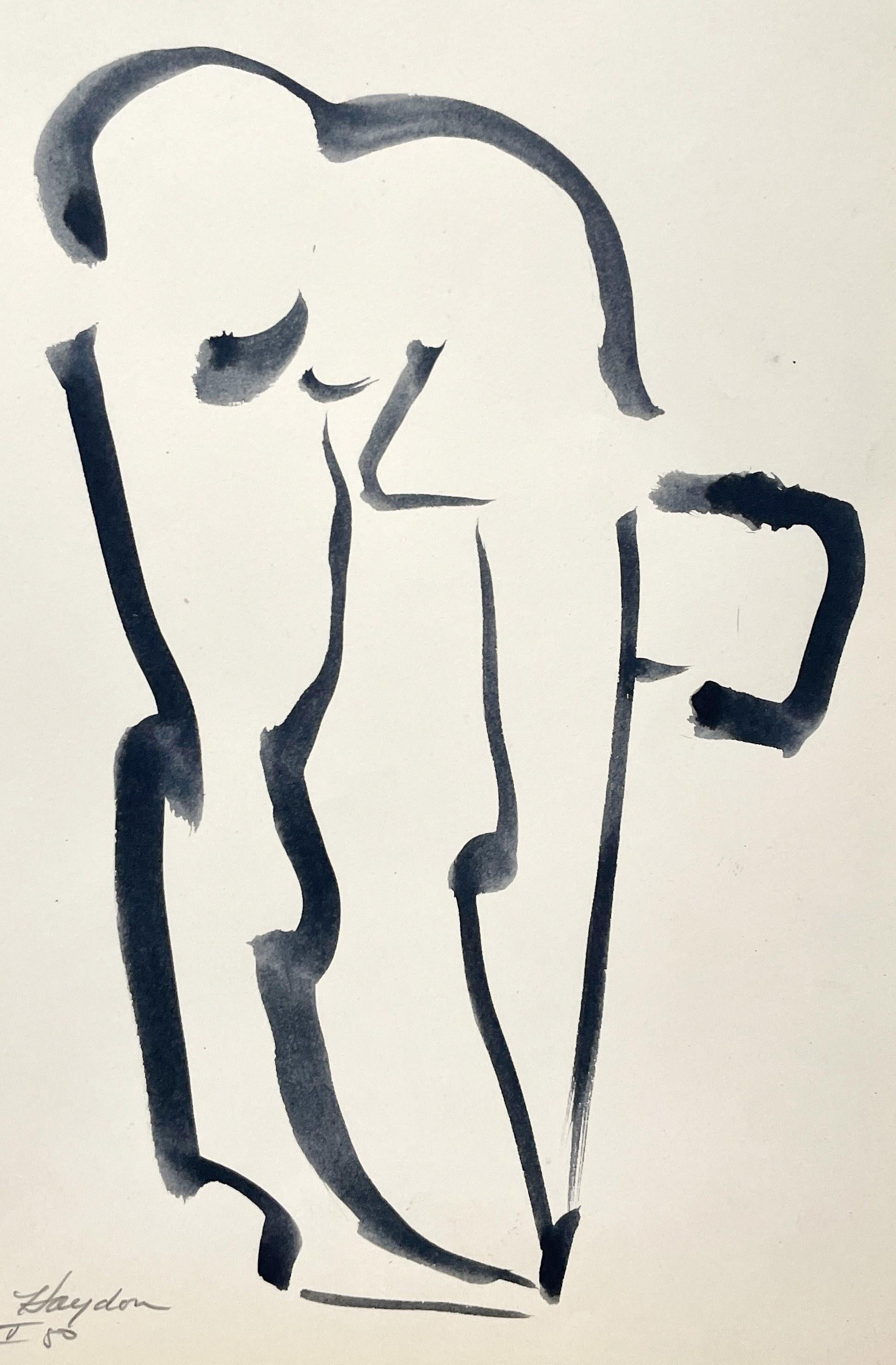 Remarquable dessin à l'encre d'une étude de figure du milieu du siècle dernier, représentant un modèle féminin nu debout, réalisé par le célèbre artiste de Chicago, Harold Haydon (Am. 1909-1994).  Ce dessin à l'encre sur papier, datant de 1950, fait