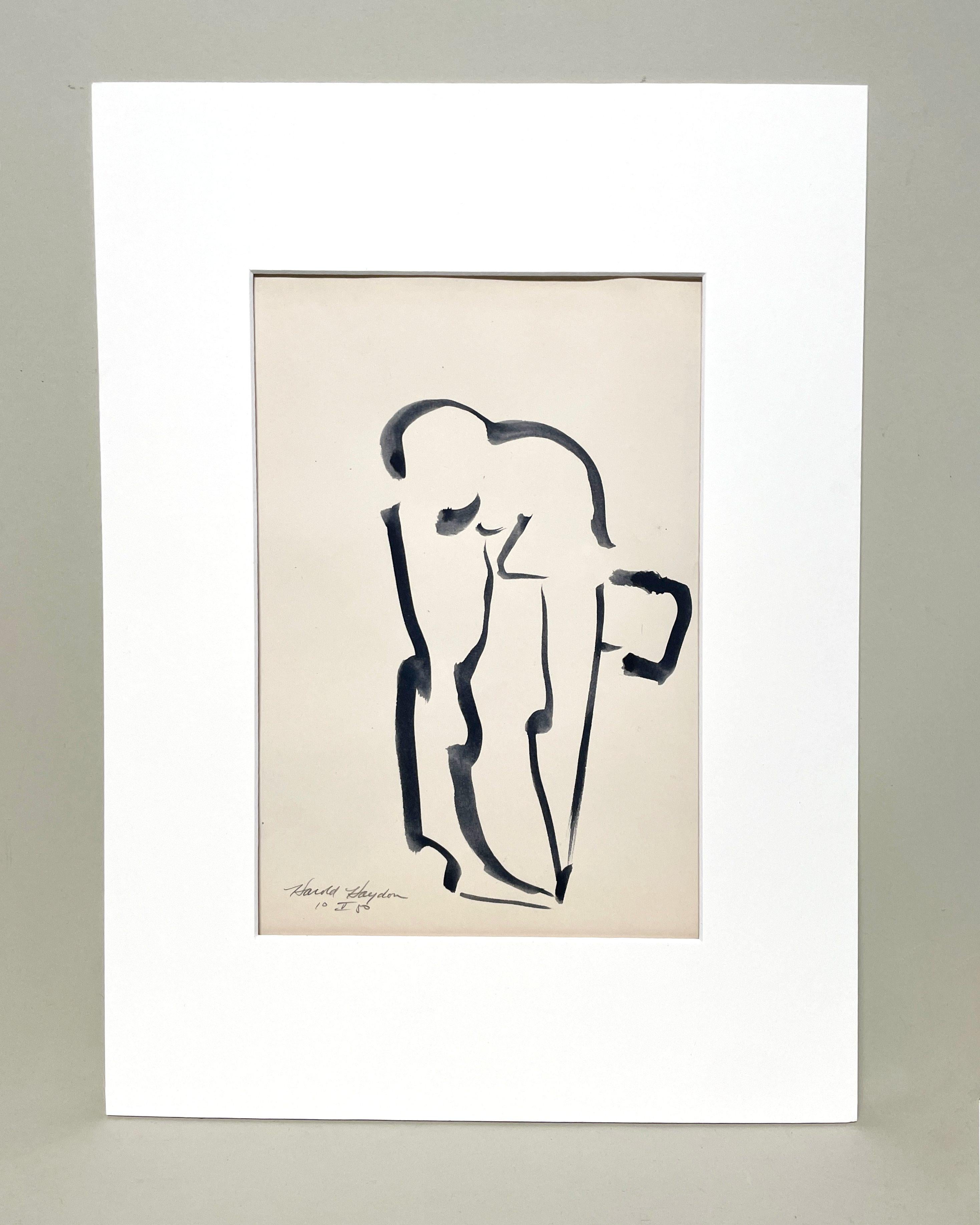 Dessin à l'encre d'un nu féminin debout, datant des années 1950 et du milieu du siècle dernier. - Art de Harold Haydon