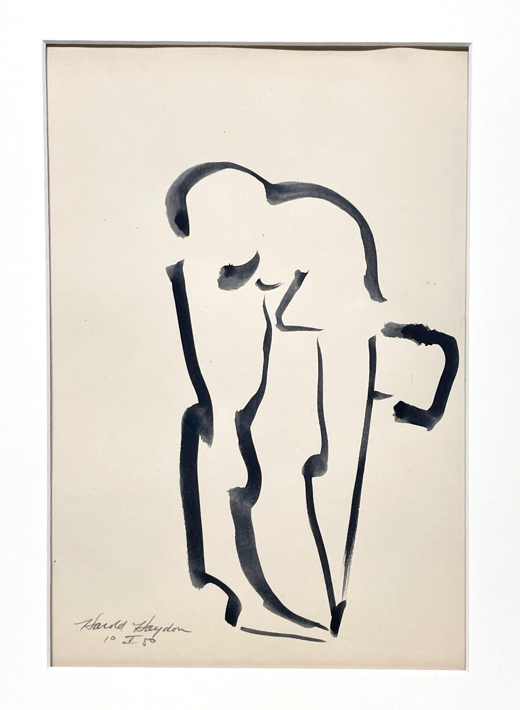 Dessin à l'encre d'un nu féminin debout, datant des années 1950 et du milieu du siècle dernier. - Modernisme américain Art par Harold Haydon