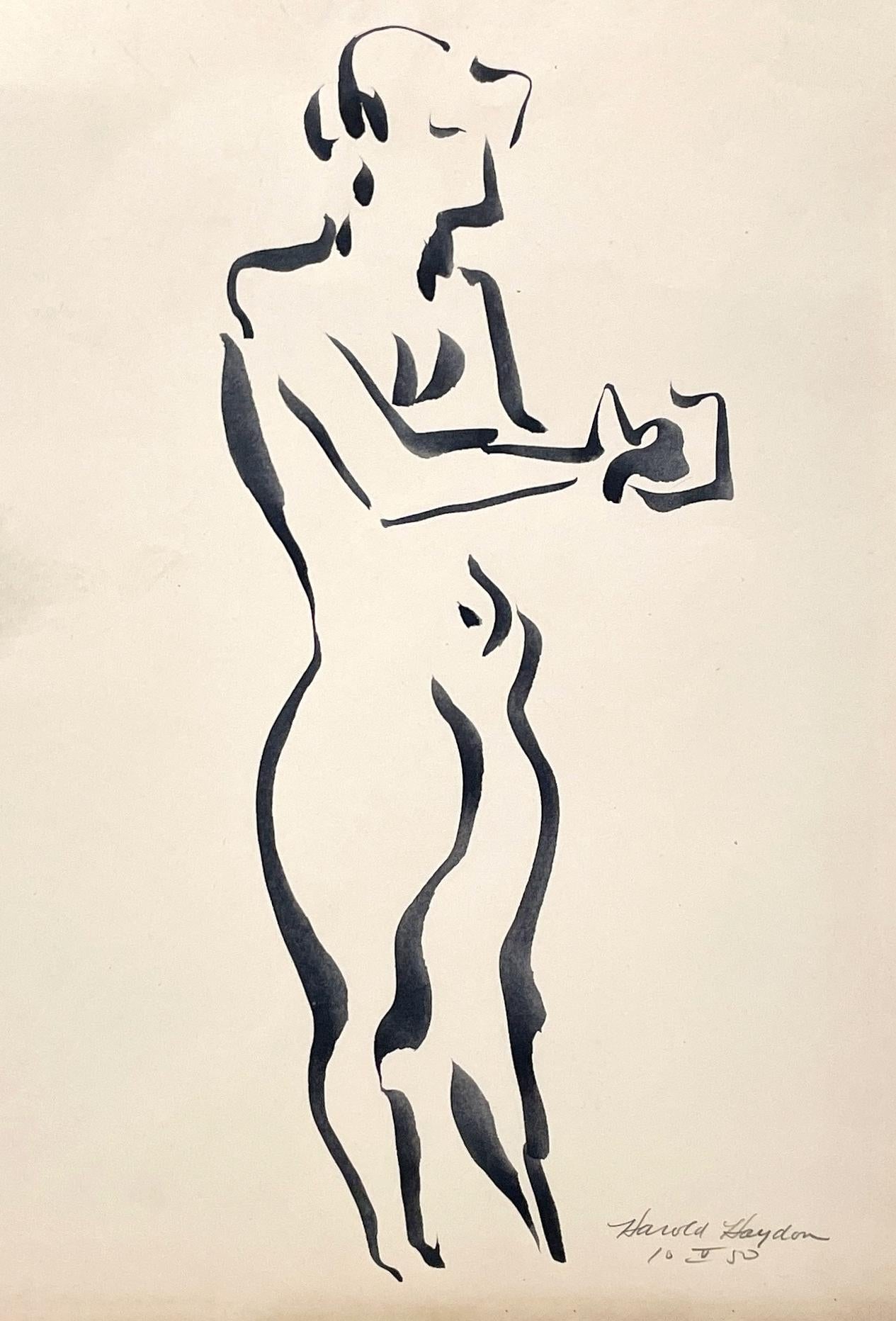 A Striking 1950s Mid-Century Modern Ink Drawing of a Standing Female Nude Figure
