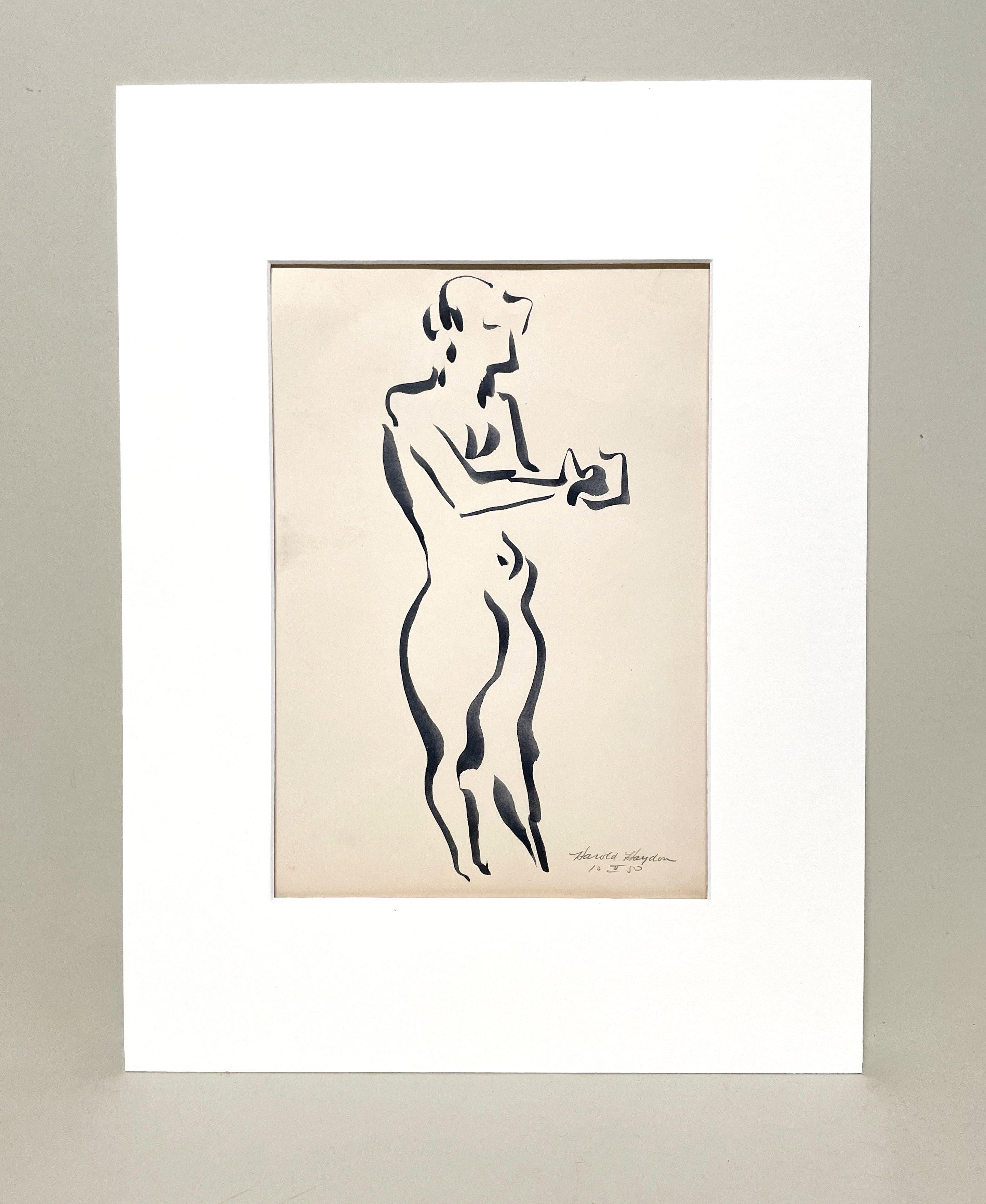 Dessin à l'encre d'un nu féminin debout, datant des années 1950 et du milieu du siècle dernier. - Art de Harold Haydon