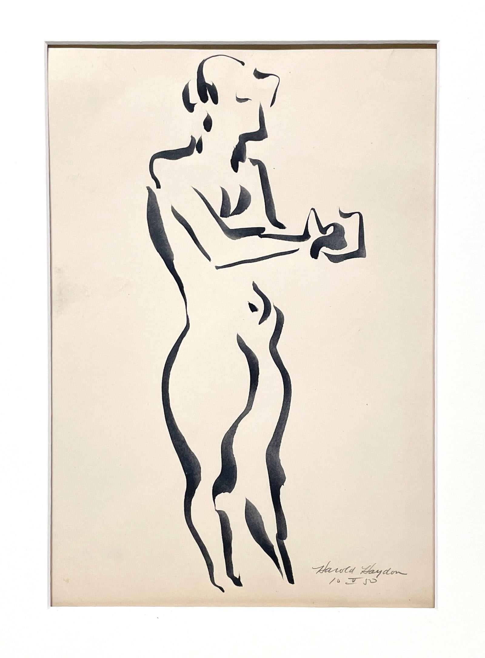Dessin à l'encre d'un nu féminin debout, datant des années 1950 et du milieu du siècle dernier. - Modernisme américain Art par Harold Haydon