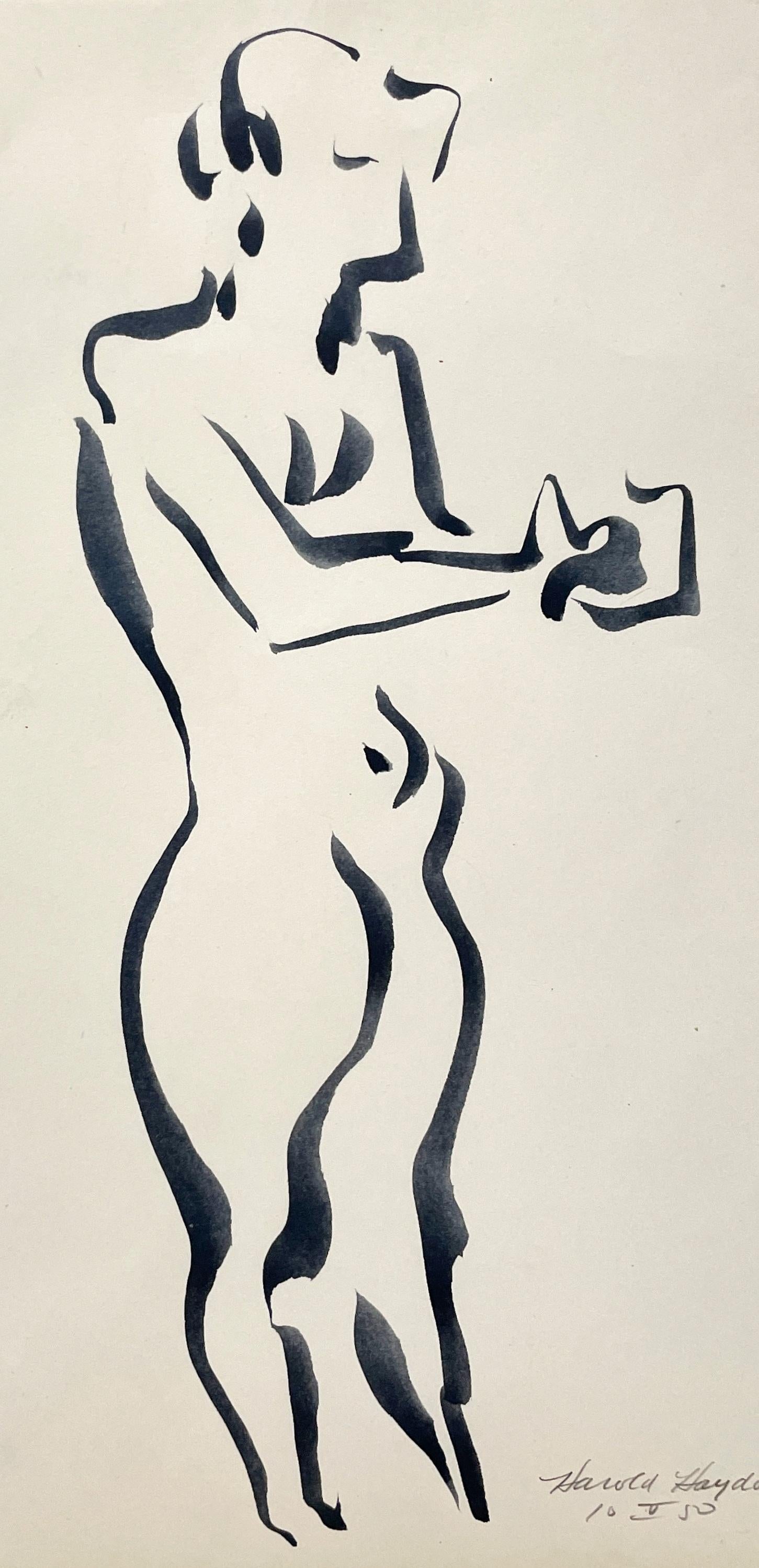 Dessin à l'encre d'un nu féminin debout, datant des années 1950 et du milieu du siècle dernier. - Blanc Nude par Harold Haydon