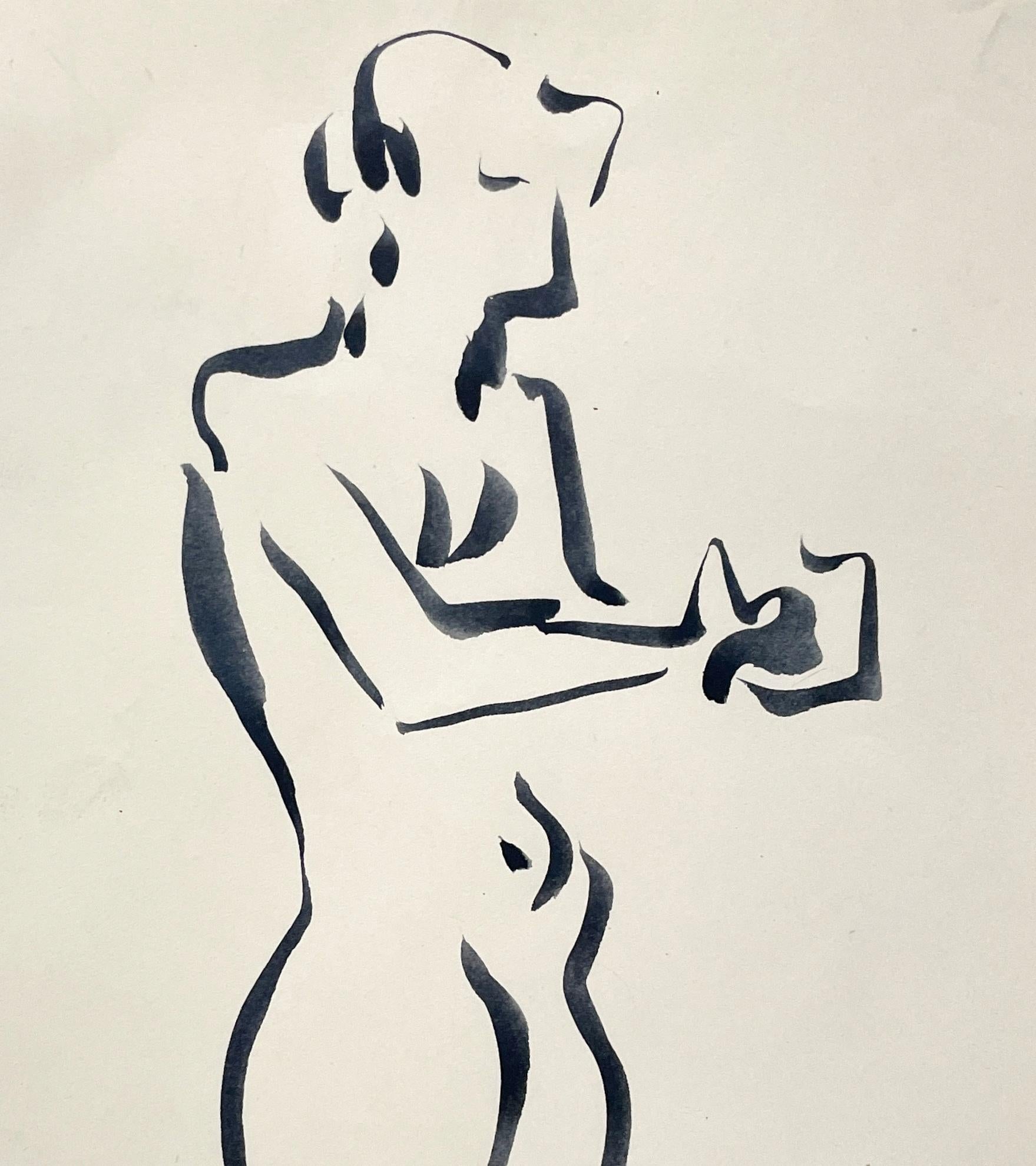 Remarquable dessin à l'encre d'une étude de figure du milieu du siècle dernier, représentant un modèle féminin nu debout, réalisé par le célèbre artiste de Chicago, Harold Haydon (Am. 1909-1994).  Ce dessin à l'encre sur papier, datant de 1950, fait