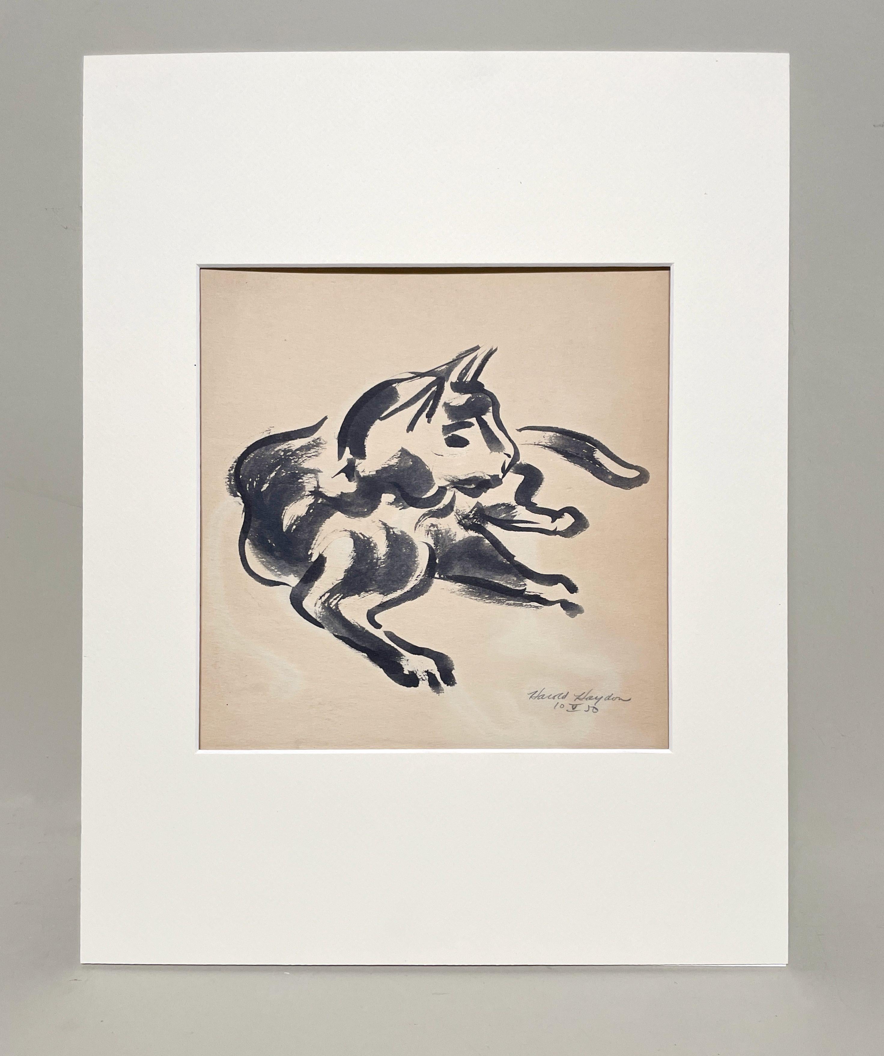 Délicieux dessin à l'encre d'un chat se reposant, datant des années 1950. - Art de Harold Haydon