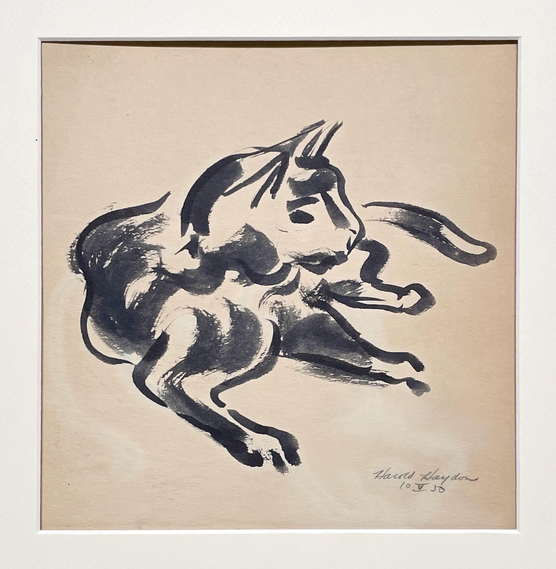 Délicieux dessin à l'encre d'un chat se reposant, datant des années 1950. - Modernisme américain Art par Harold Haydon
