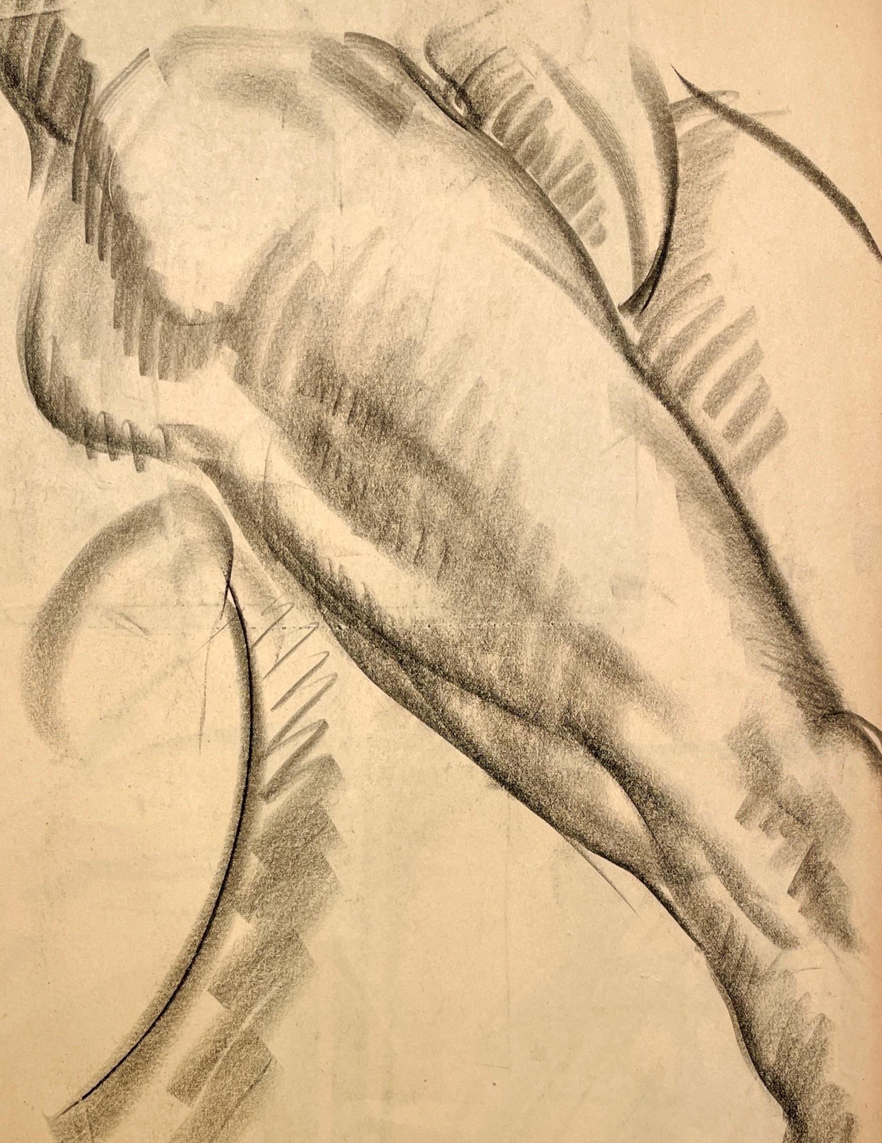 Un beau dessin d'étude de figure académique moderne des années 1930 d'un modèle masculin nu assis par le célèbre artiste de Chicago, Harold Haydon (Am. 1909-1994).  Un dessin au fusain exceptionnellement bien exécuté par Haydon au début des années