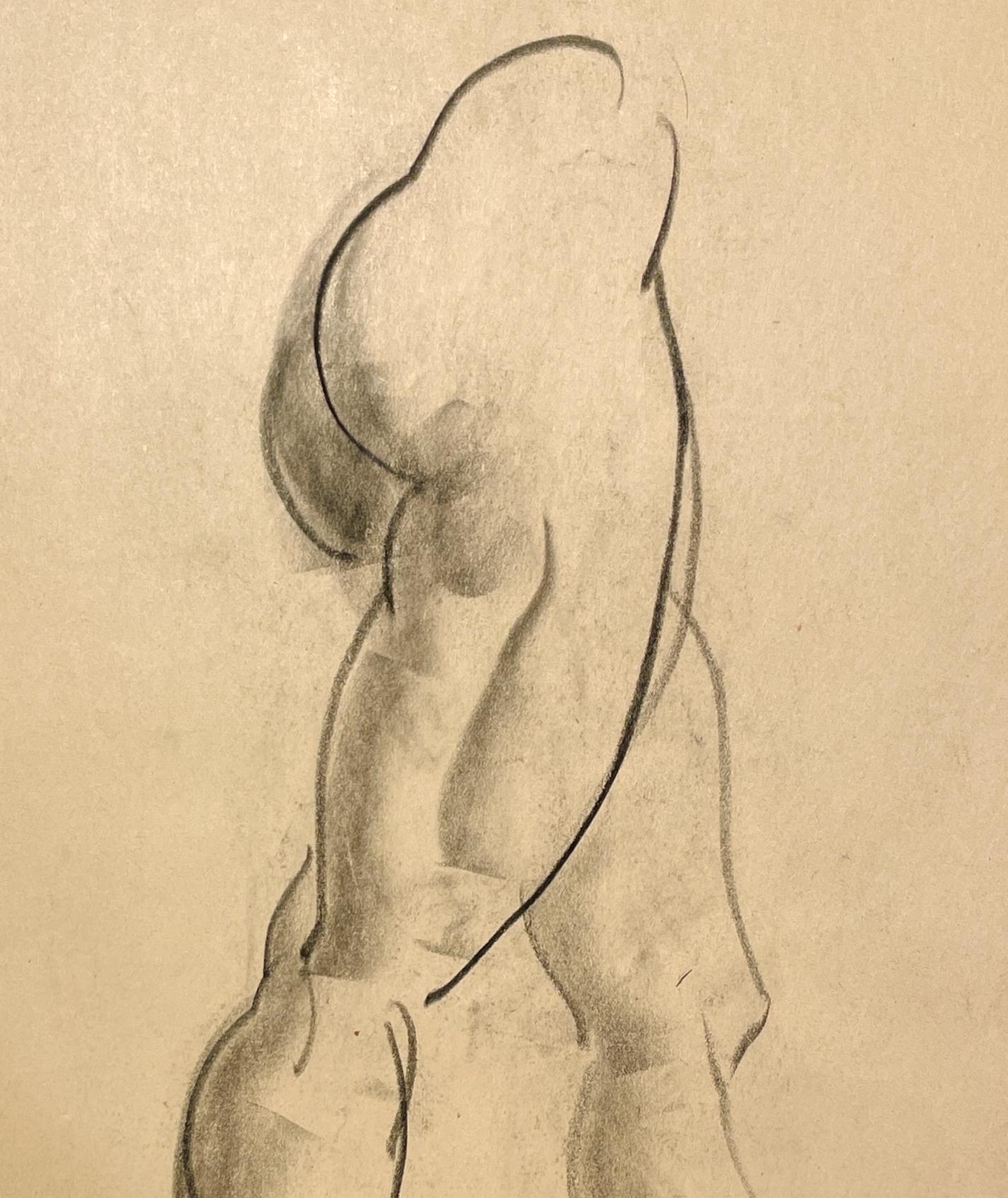 Dibujo de estudio anatómico moderno y académico de los años 30 de un modelo masculino desnudo de pie (estudio de las piernas), del famoso artista de Chicago Harold Haydon (Am. 1909-1994).  Un dibujo a carboncillo de Haydon de principios de los años