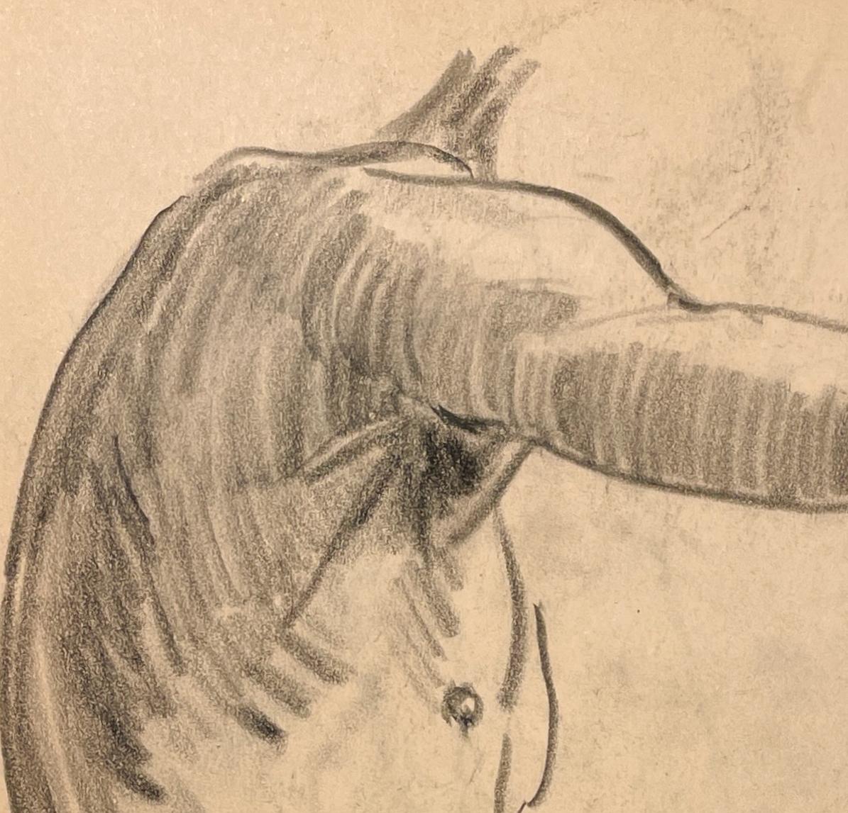 Beau dessin d'étude de figure anatomique académique moderne des années 1930 d'un modèle masculin nu debout (épaule et bras) par le célèbre artiste de Chicago, Harold Haydon (Am. 1909-1994).  Un dessin au fusain exceptionnellement bien exécuté par