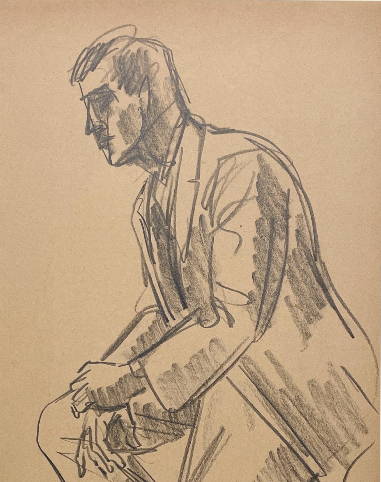 Un raffinato disegno di studio di figura accademica moderna degli anni '40 di un bel modello maschile seduto che indossa un abito di Harold Haydon, noto artista di Chicago (Am. 1909-1994).  Un disegno a carboncino di Haydon dei primi anni '40,