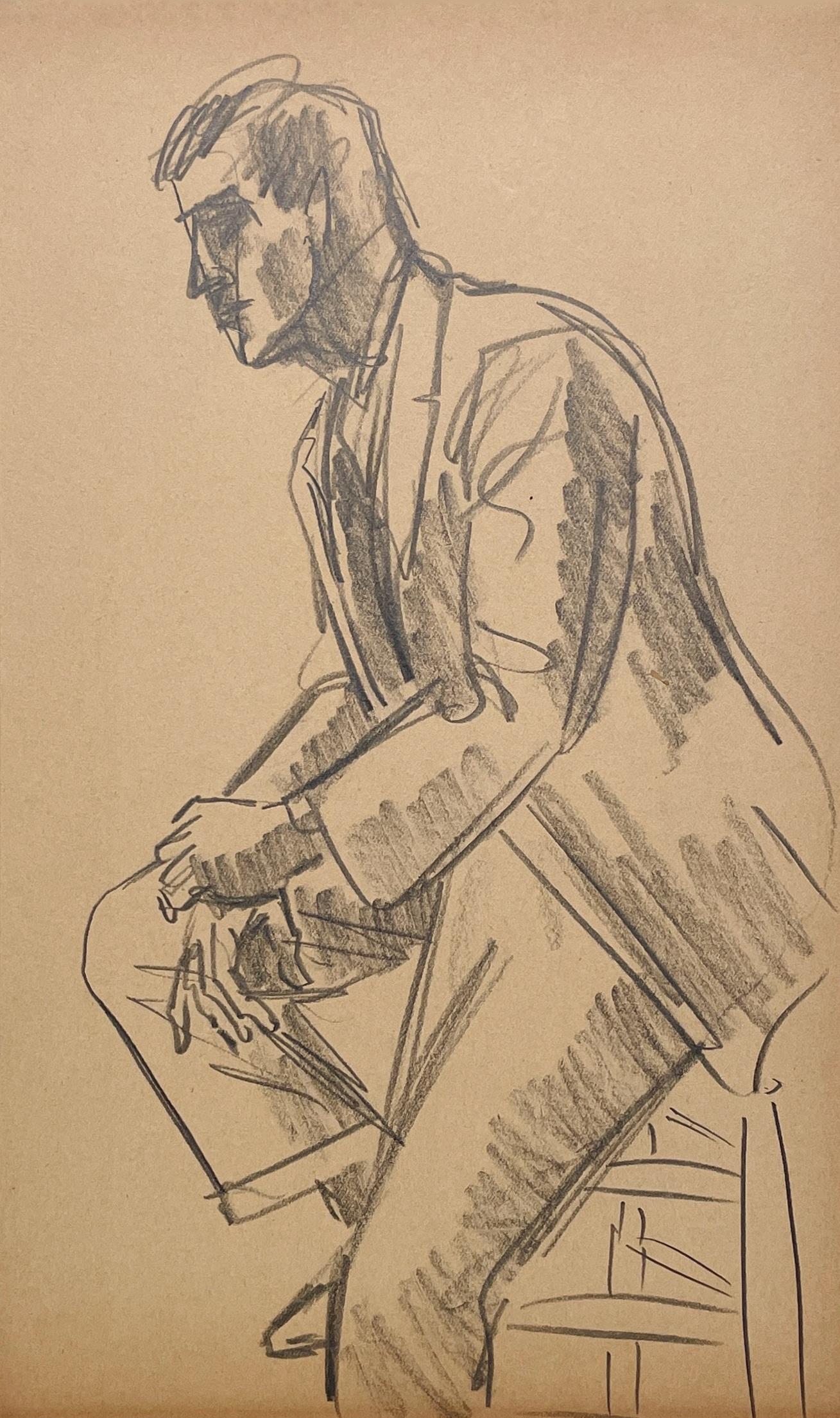 Un raffinato studio di figura moderna del 1946 di un bel modello maschile giovane che indossa un vestito - Figurative Art Marrone di Harold Haydon