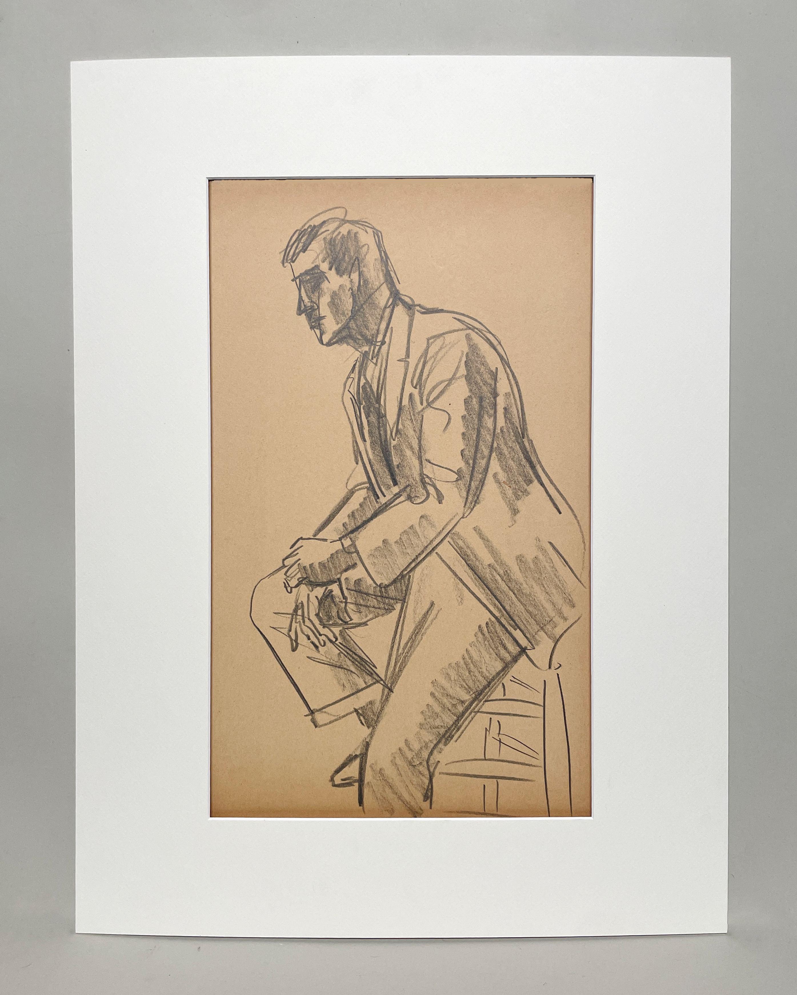 Un raffinato studio di figura moderna del 1946 di un bel modello maschile giovane che indossa un vestito - Art di Harold Haydon