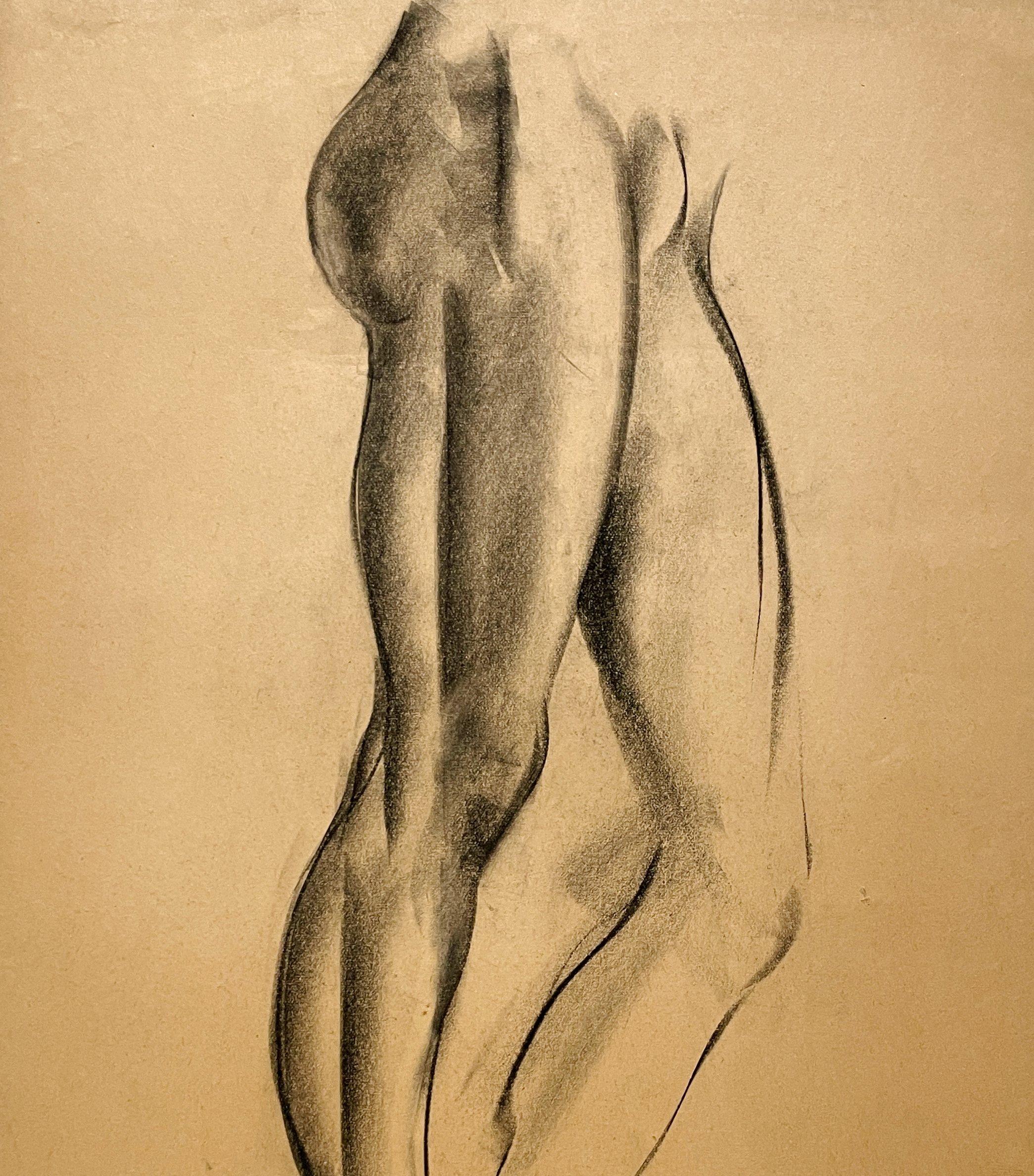 Dibujo de estudio anatómico moderno y académico de los años 30 de un modelo masculino desnudo de pie (piernas), del famoso artista de Chicago Harold Haydon (Am. 1909-1994).  Un dibujo a carboncillo de Haydon de principios de los años 30,