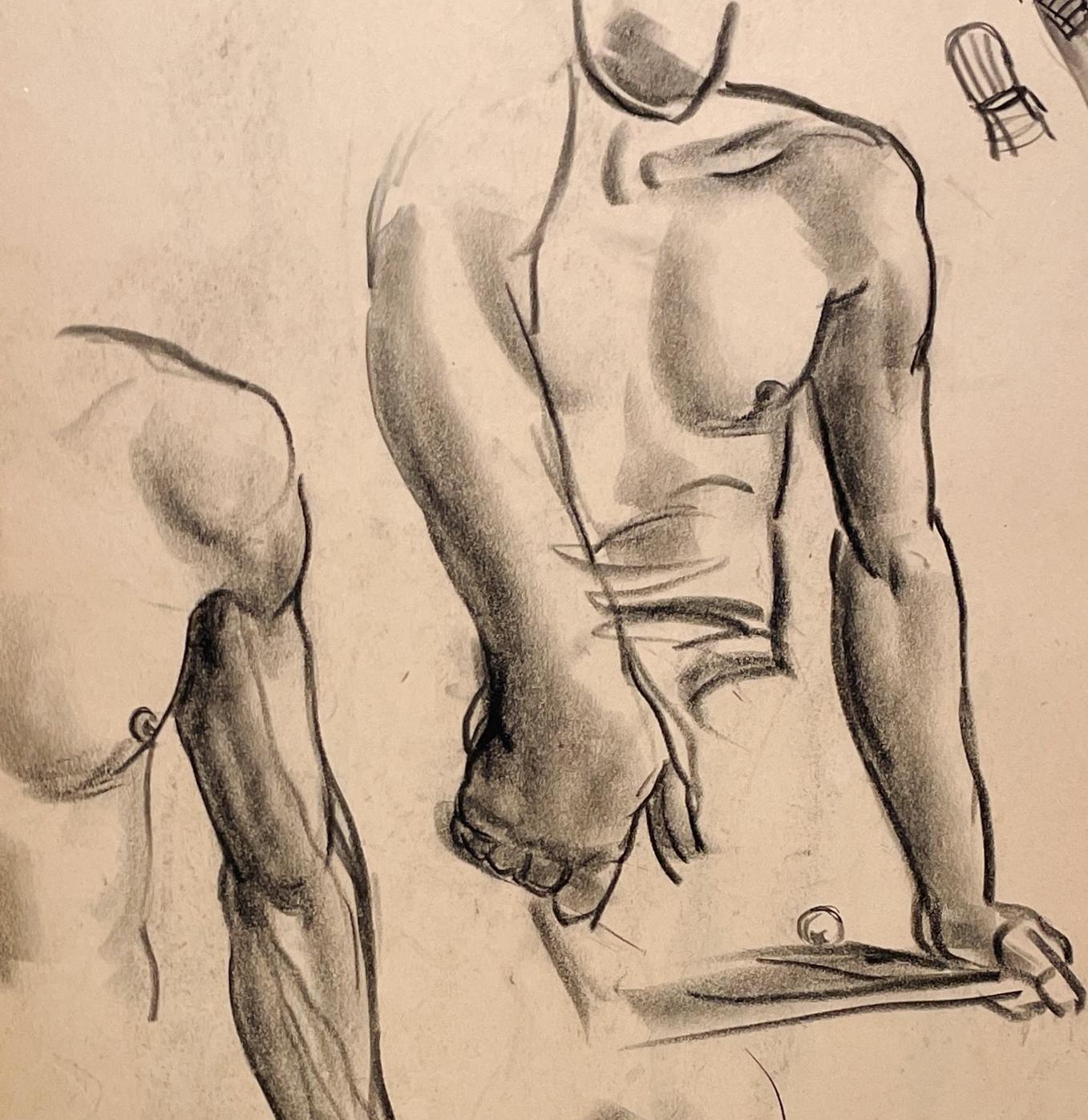Beau dessin d'étude anatomique moderne des années 1930 d'un jeune homme nu assis, réalisé par le célèbre artiste de Chicago, Harold Haydon (Am. 1909-1994).  Un dessin au fusain exceptionnellement bien exécuté par Haydon au début des années 1930