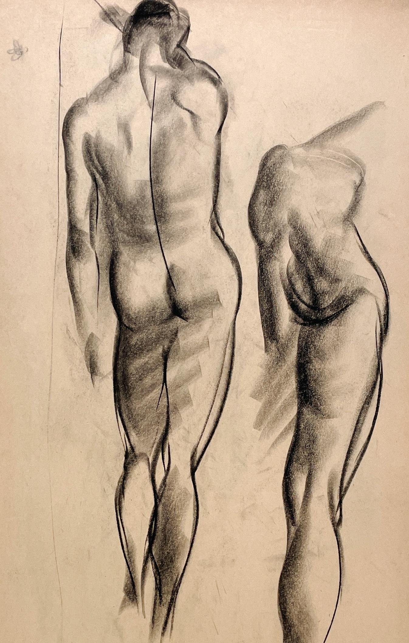 Beau dessin d'étude anatomique moderne des années 1930 d'un jeune homme nu debout, réalisé par le célèbre artiste de Chicago, Harold Haydon (Am. 1909-1994).  Un dessin au fusain du début des années 1930 exceptionnellement bien exécuté (études