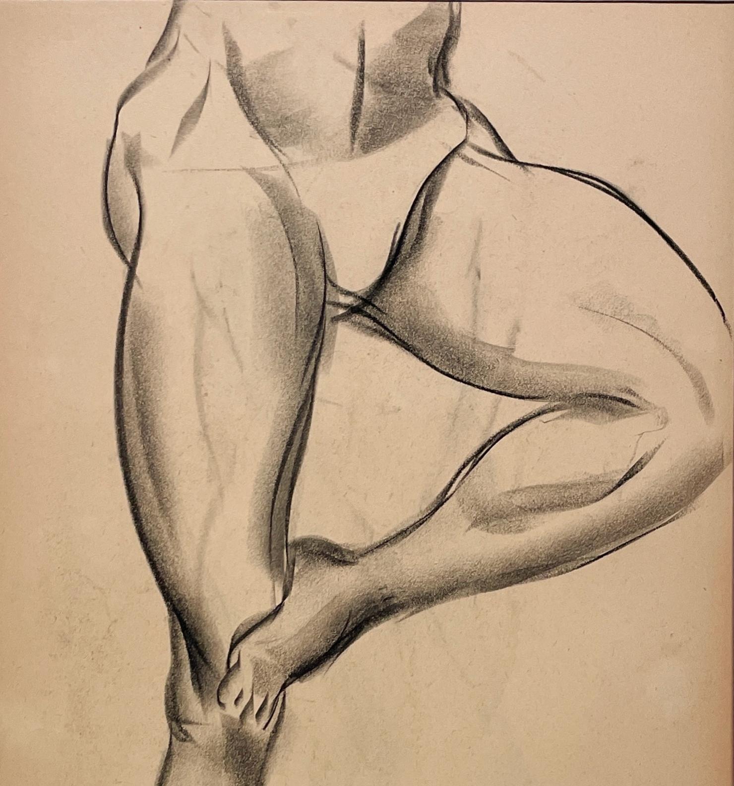 Beau dessin d'étude anatomique moderne des années 1930 d'un jeune homme nu debout, réalisé par le célèbre artiste de Chicago, Harold Haydon (Am. 1909-1994).  Ce dessin au fusain du début des années 1930 (étude d'un homme debout aux jambes croisées),