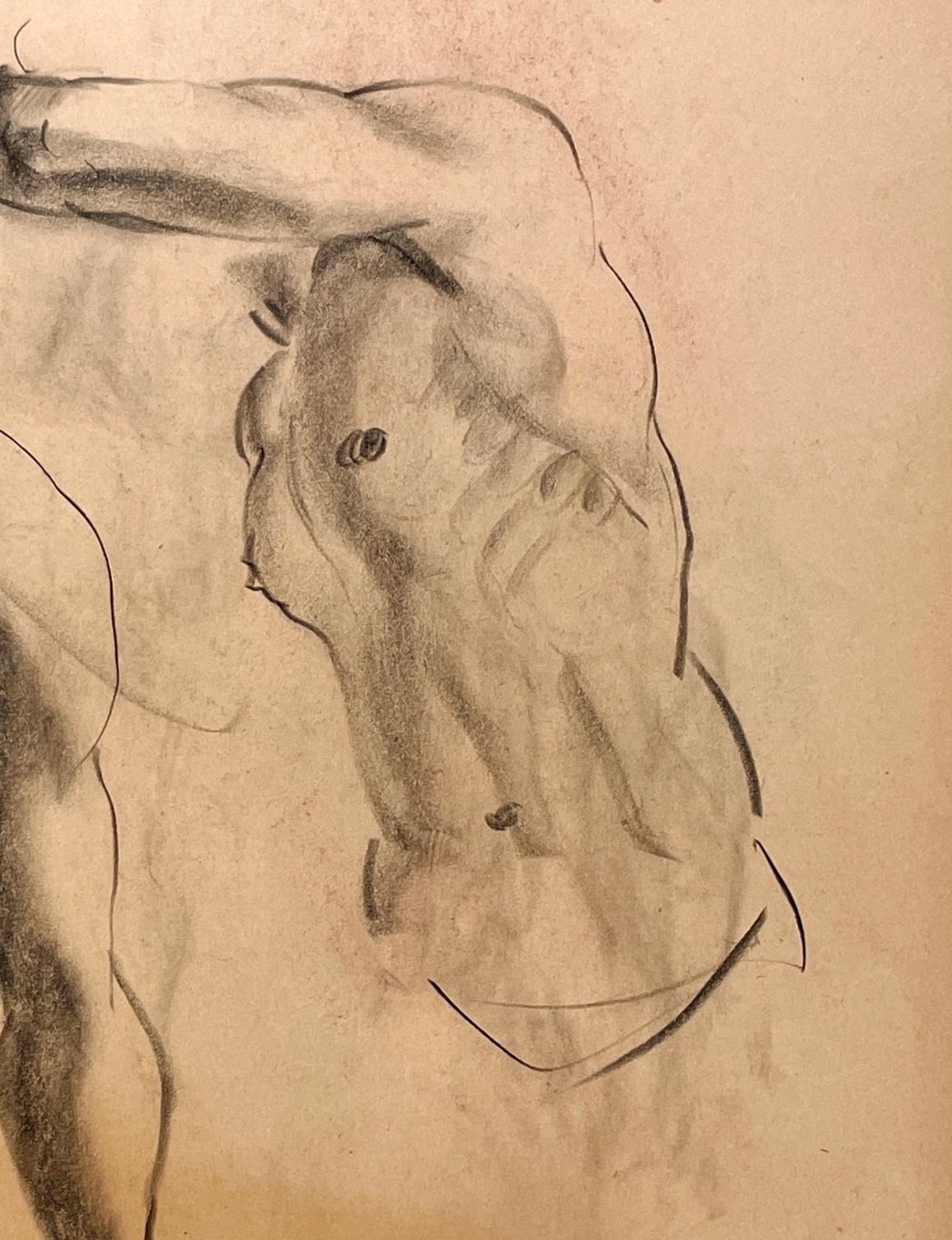 Dibujo de estudio anatómico, moderno y académico de los años 30, de un joven modelo desnudo, de pie, del famoso artista de Chicago Harold Haydon (Am. 1909-1994).  Un dibujo a carboncillo de principios de los años 30 excepcionalmente bien ejecutado