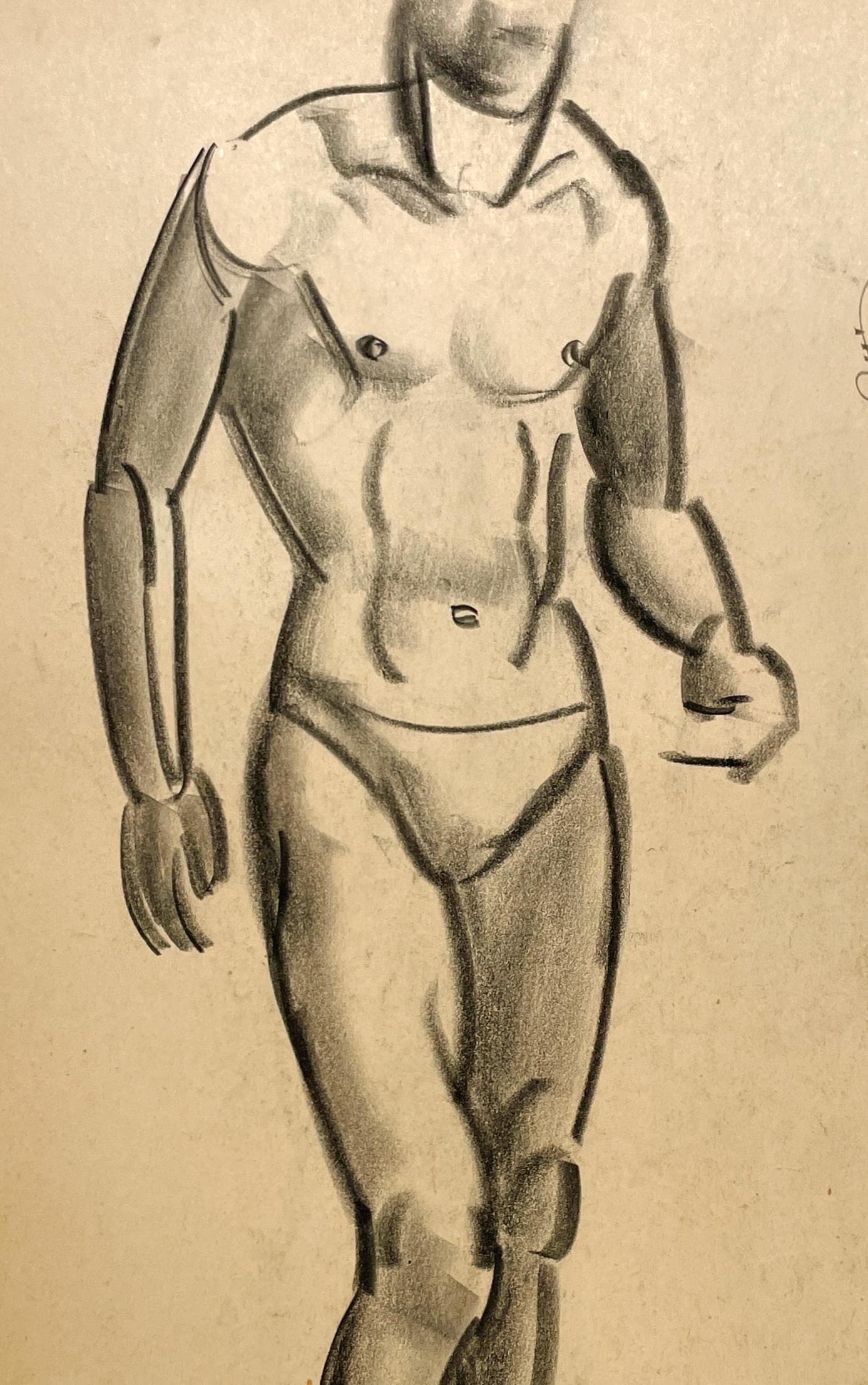 Dibujo de estudio anatómico, moderno y académico de los años 30, de un joven modelo desnudo, de pie, del famoso artista de Chicago Harold Haydon (Am. 1909-1994).  Un dibujo a carboncillo de principios de los años 30 excepcionalmente bien ejecutado