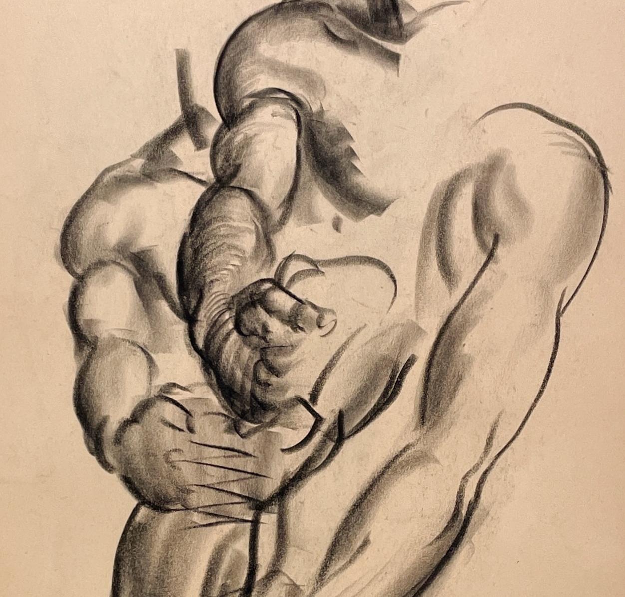 Beau dessin d'étude anatomique moderne des années 1930 d'un jeune homme nu assis, réalisé par le célèbre artiste de Chicago, Harold Haydon (Am. 1909-1994).  Un dessin au fusain du début des années 1930 exceptionnellement bien exécuté (une étude