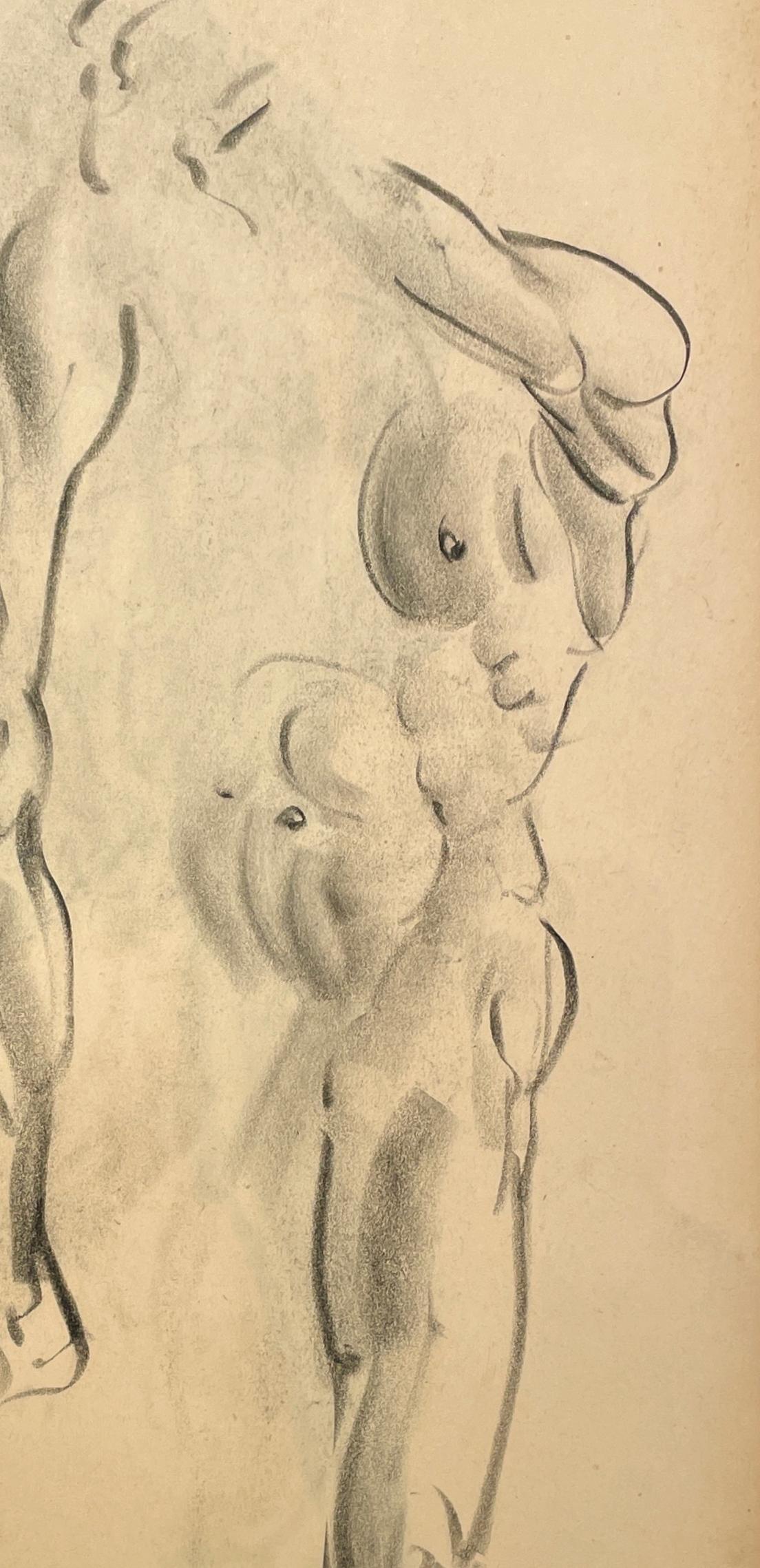 Beau dessin d'étude anatomique moderne des années 1930 d'un jeune homme nu debout, réalisé par le célèbre artiste de Chicago, Harold Haydon (Am. 1909-1994).  Un dessin au fusain exceptionnellement bien exécuté par Haydon au début des années 1930