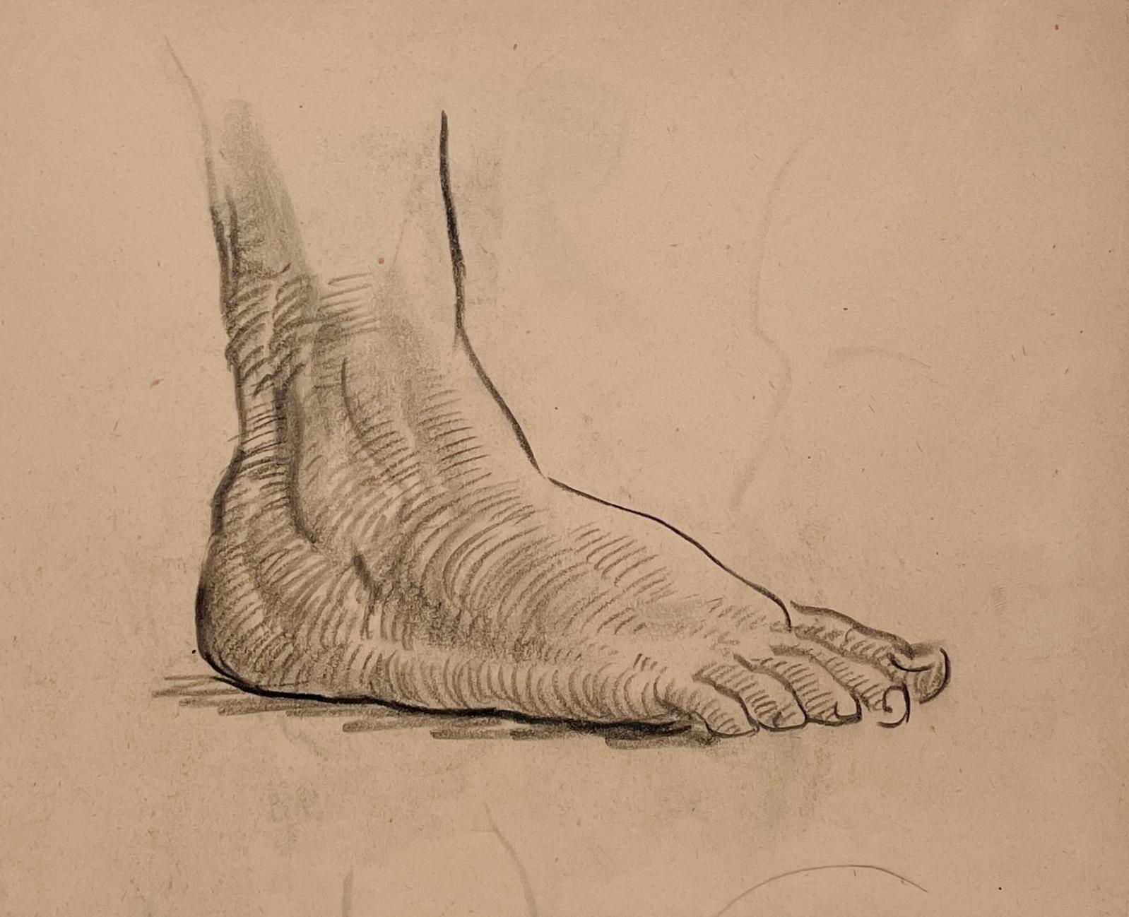 Dessin d'étude anatomique d'une belle figure académique moderne des années 1930 (Modèle masculin, pied)