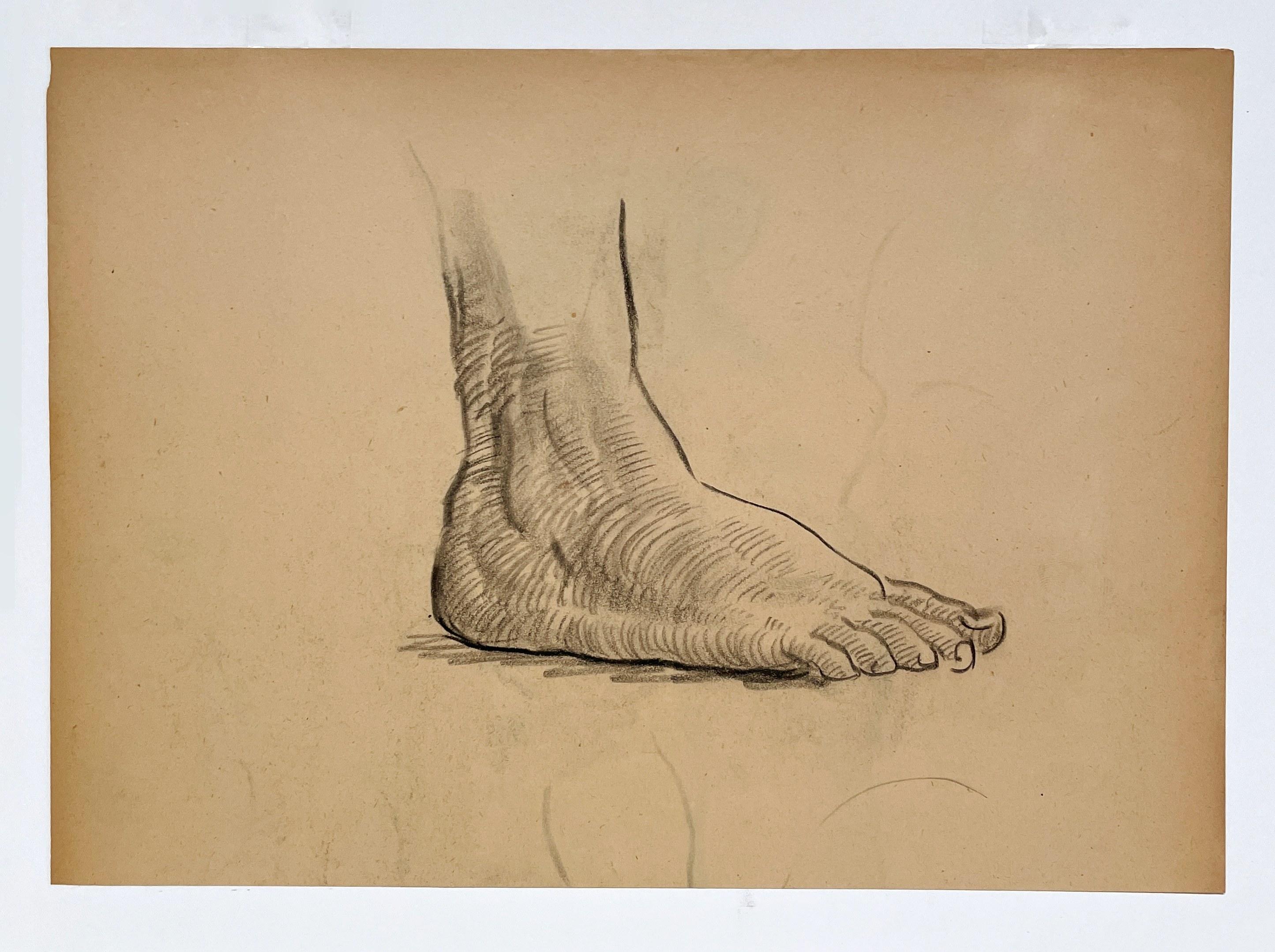Dessin d'étude anatomique d'une belle figure académique moderne des années 1930 (Modèle masculin, pied) - Marron Nude par Harold Haydon