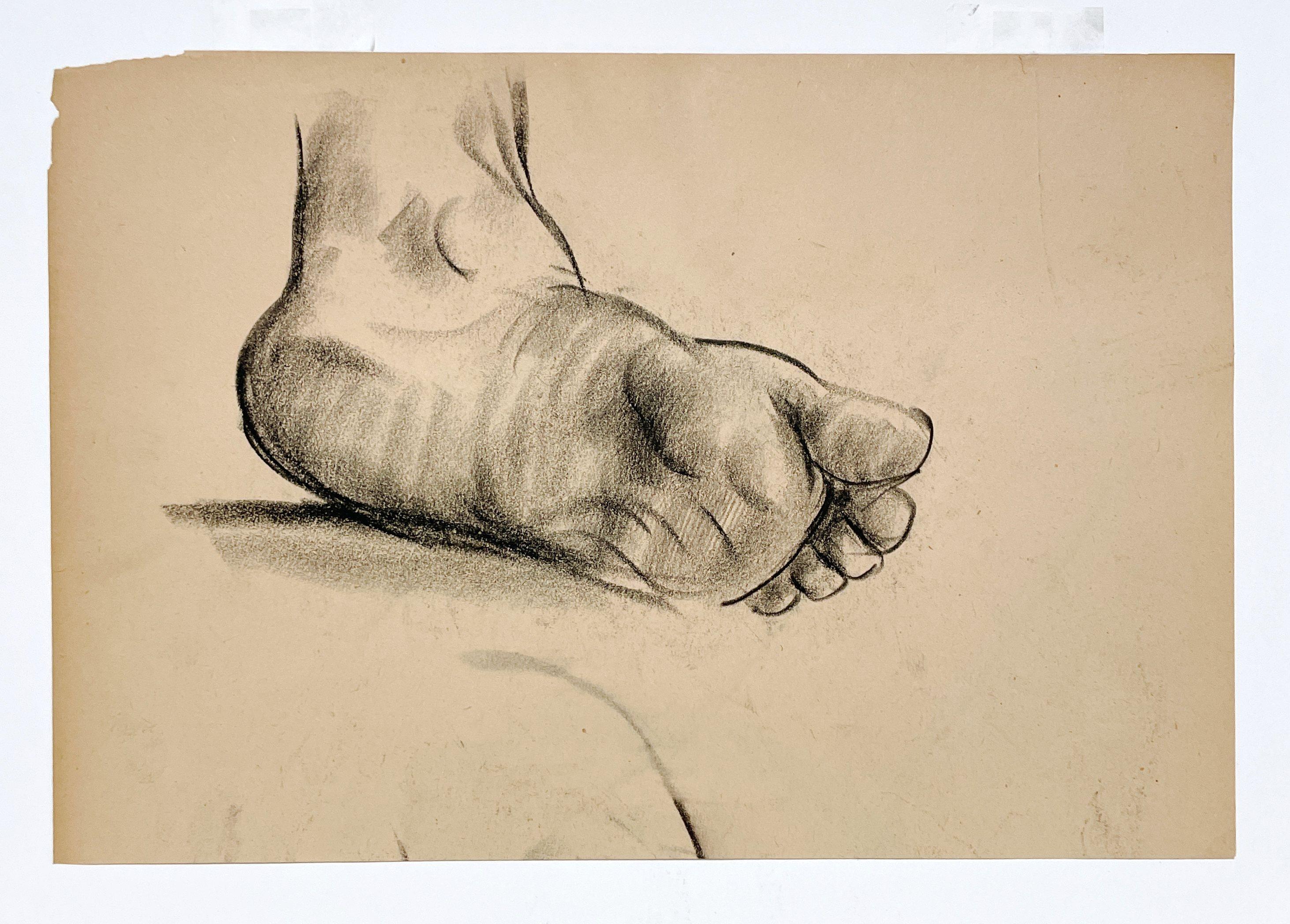 Dessin d'étude anatomique d'une belle figure académique moderne des années 1930 (Modèle masculin, pied) - Beige Figurative Art par Harold Haydon