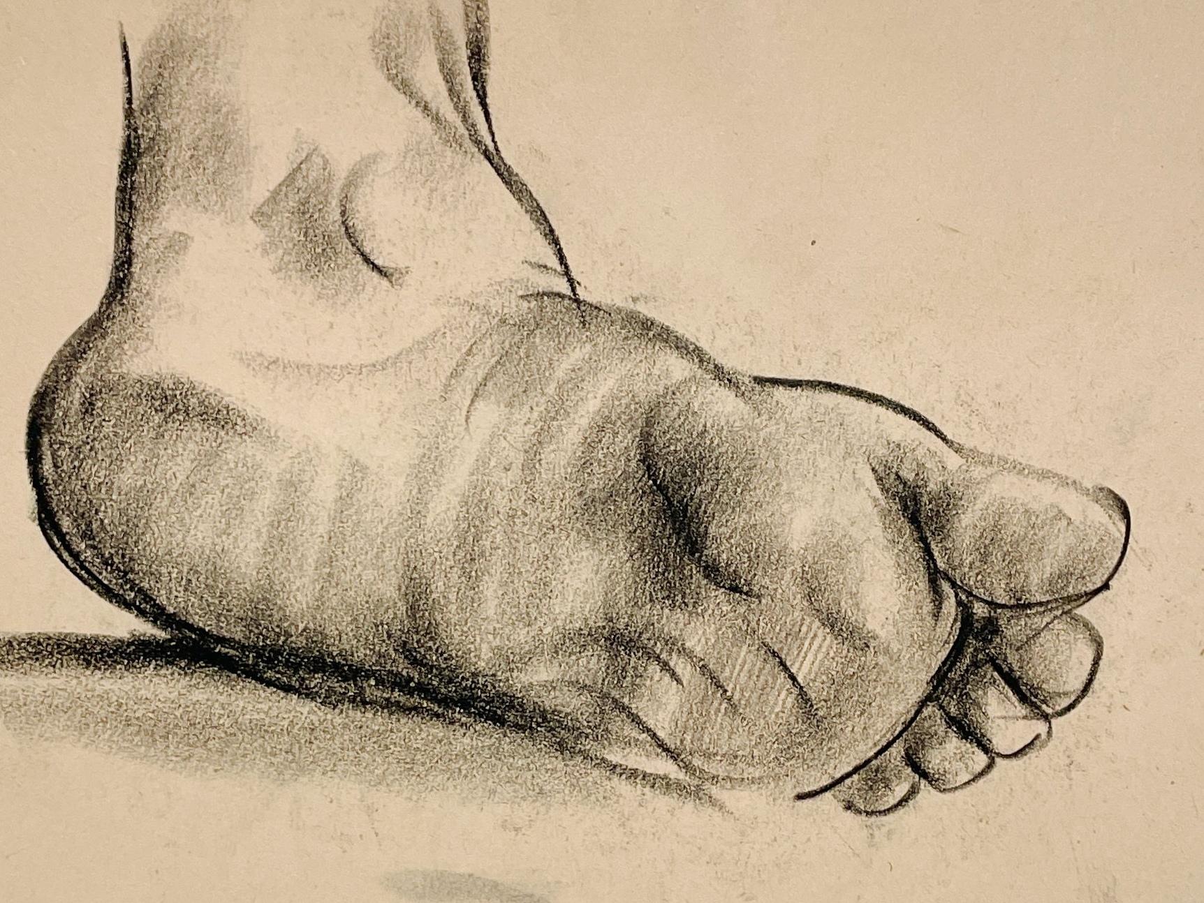 Belle étude anatomique moderne des années 1930 d'un pied et d'une cheville d'homme par le célèbre artiste de Chicago Harold Haydon (1909-1994).  Une étude au fusain bien exécutée, datant du début des années 1930, qui met en évidence le raffinement