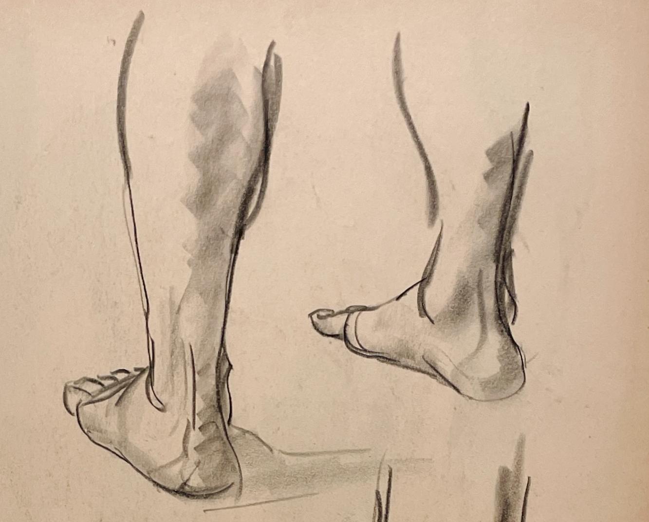 Dessin d'étude anatomique d'une belle figure académique moderne des années 1930 (Modèle masculin, pieds) en vente 1