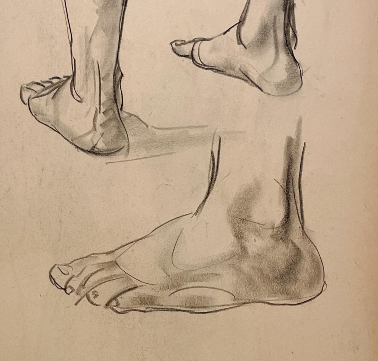 Dessin d'étude anatomique d'une belle figure académique moderne des années 1930 (Modèle masculin, pieds) en vente 2