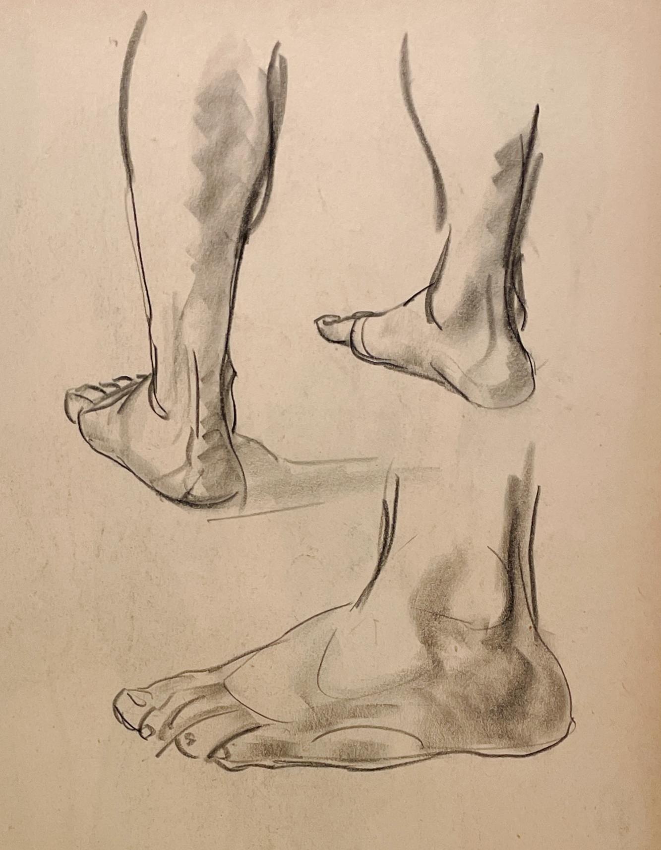 Belle étude anatomique moderne des années 1930 sur les pieds d'un homme, réalisée par le célèbre artiste de Chicago Harold Haydon (1909-1994).  Une étude au fusain bien exécutée, datant du début des années 1930 (un dessin composite de jambes, de