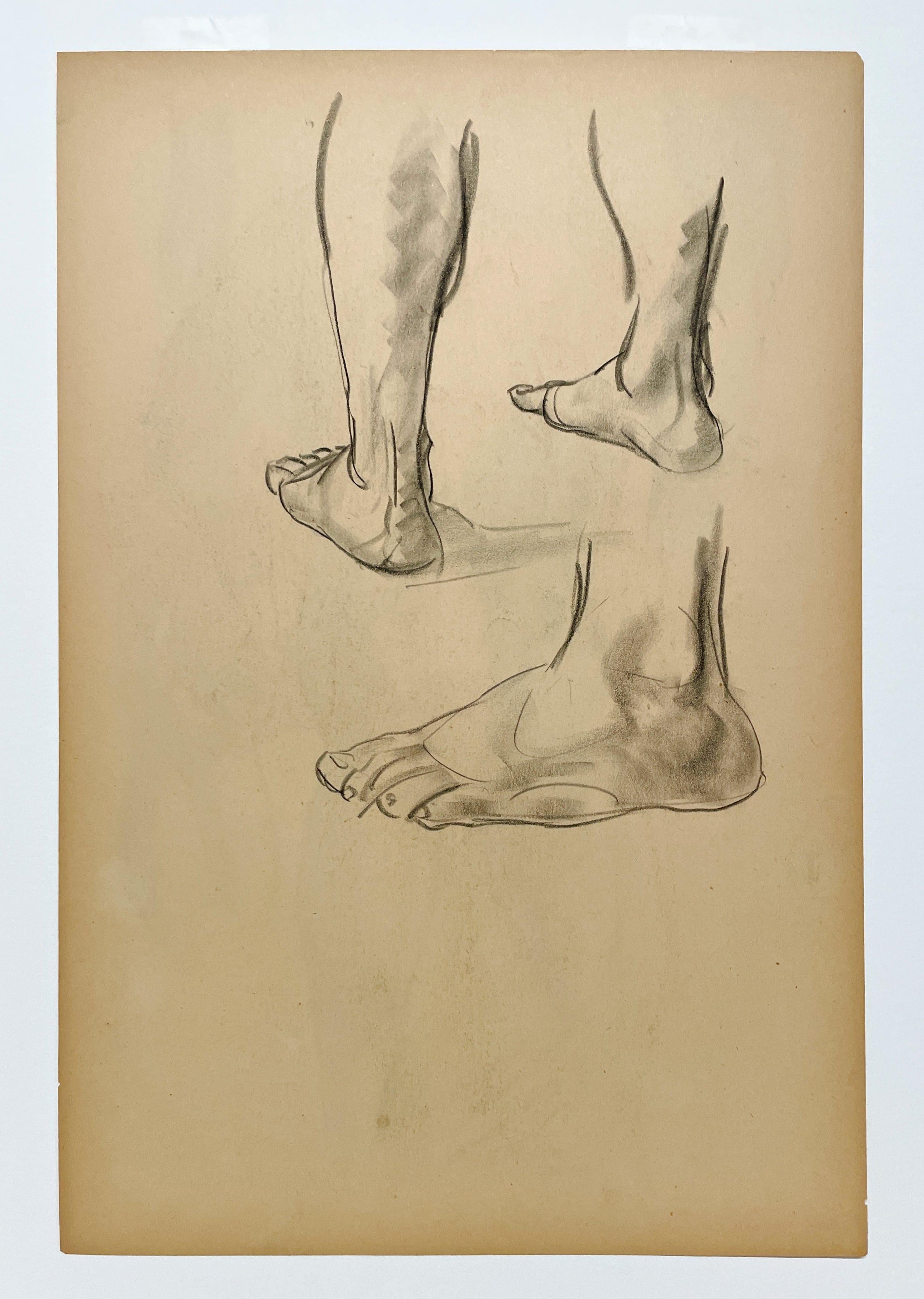 Dessin d'étude anatomique d'une belle figure académique moderne des années 1930 (Modèle masculin, pieds) - Beige Figurative Art par Harold Haydon