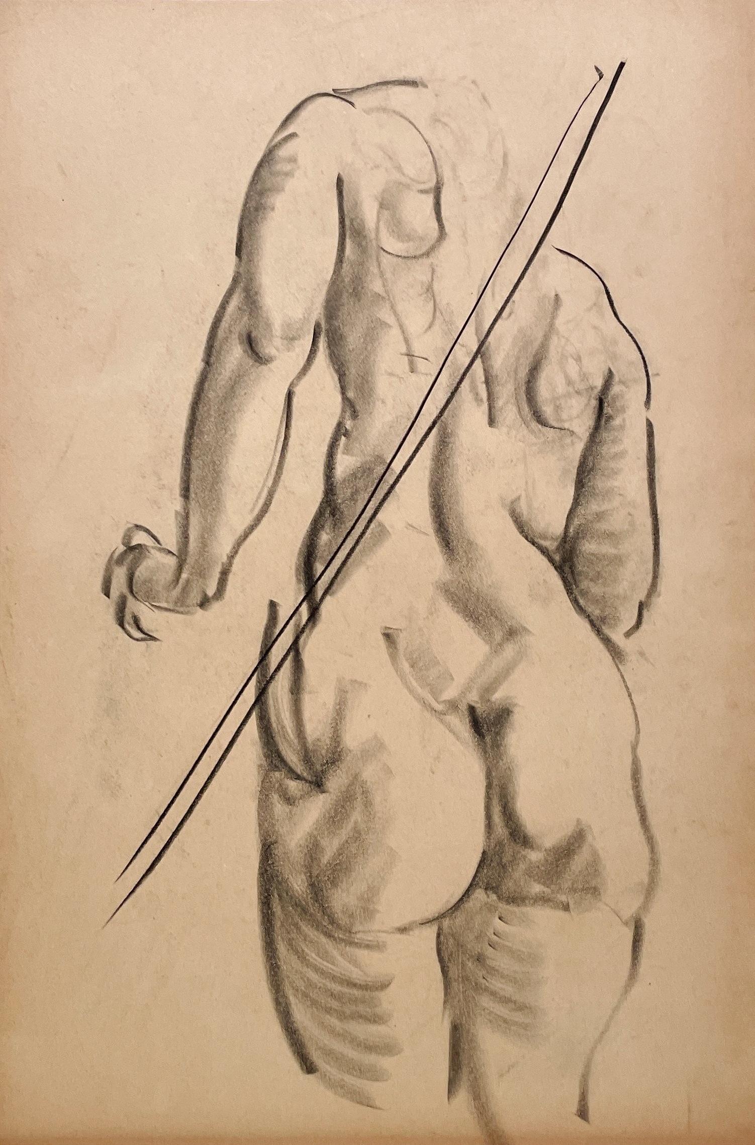 Étude de figure moderne des années 1930 très finement dessinée d'un modèle féminin nu (dos)