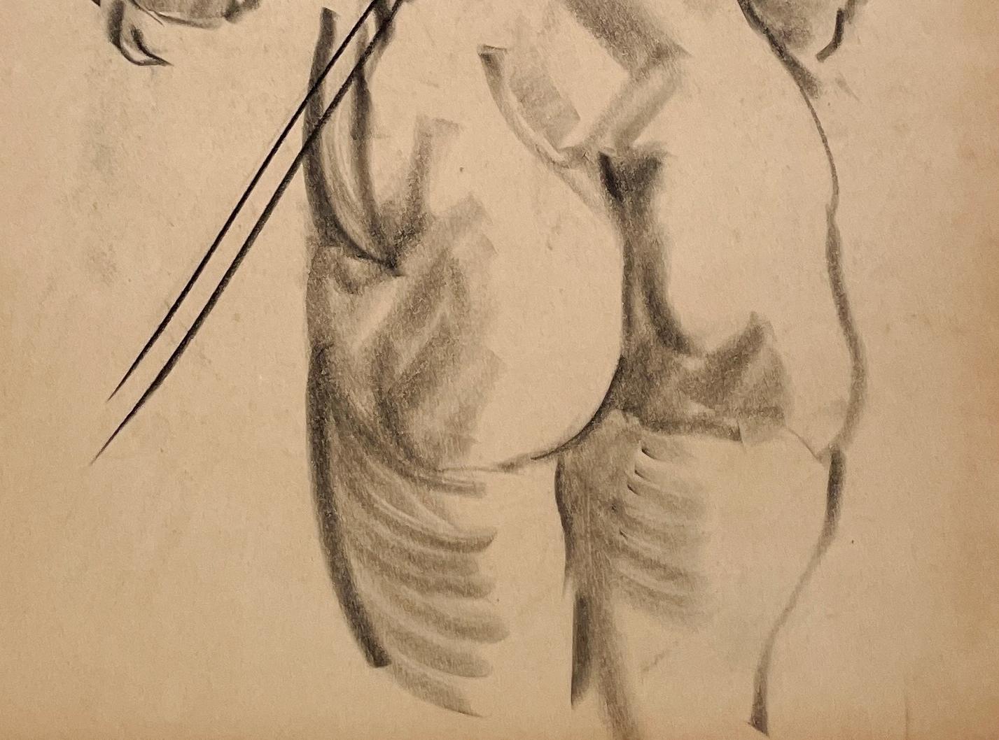 Une étude de figure moderne des années 1930, très finement dessinée, d'un modèle féminin nu debout (au dos) par le célèbre artiste moderne de Chicago, Harold Haydon (Am. 1909-1994).   Un premier dessin composite au fusain réalisé par Haydon, qui