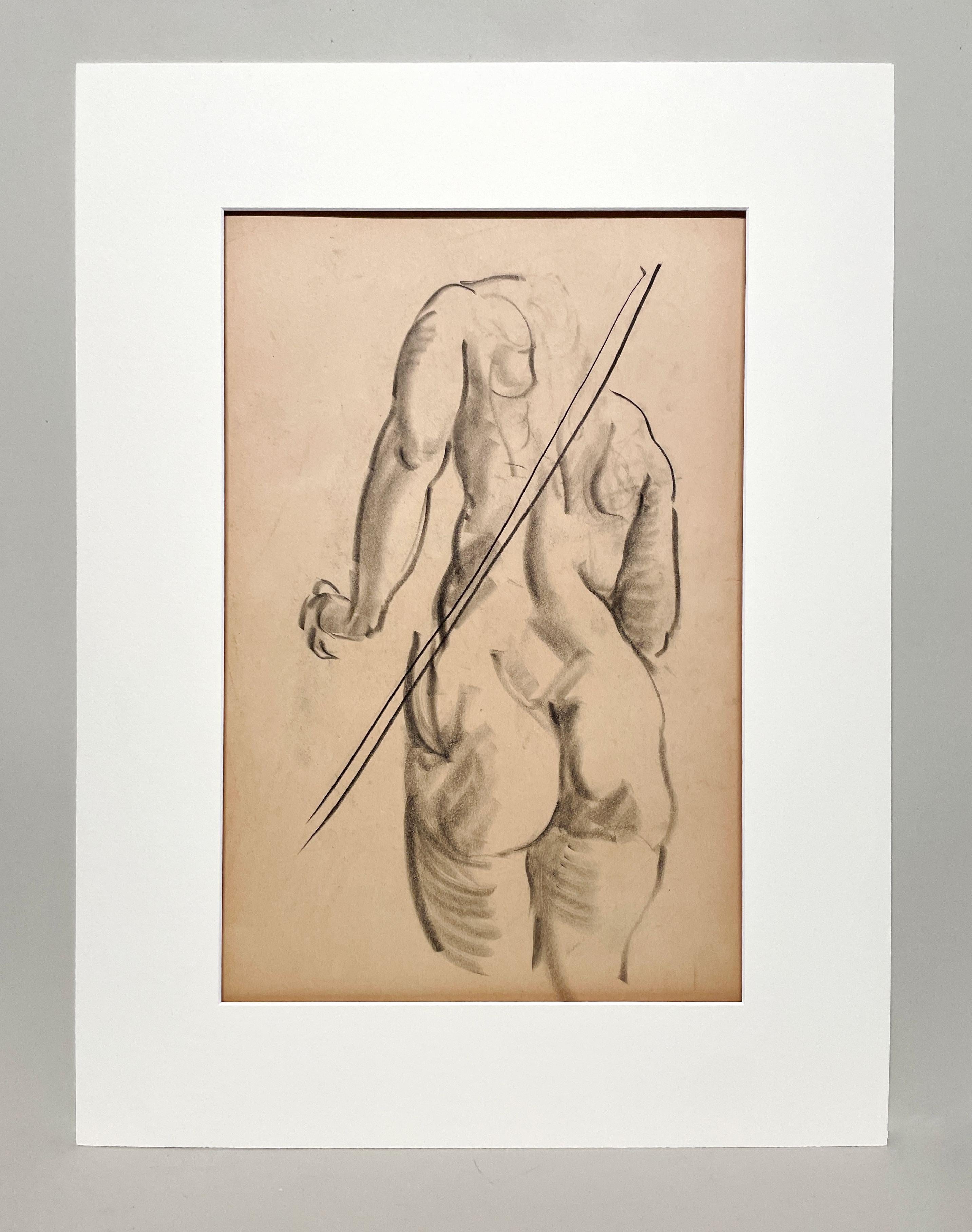 Étude de figure moderne des années 1930 très finement dessinée d'un modèle féminin nu (dos) - Art de Harold Haydon