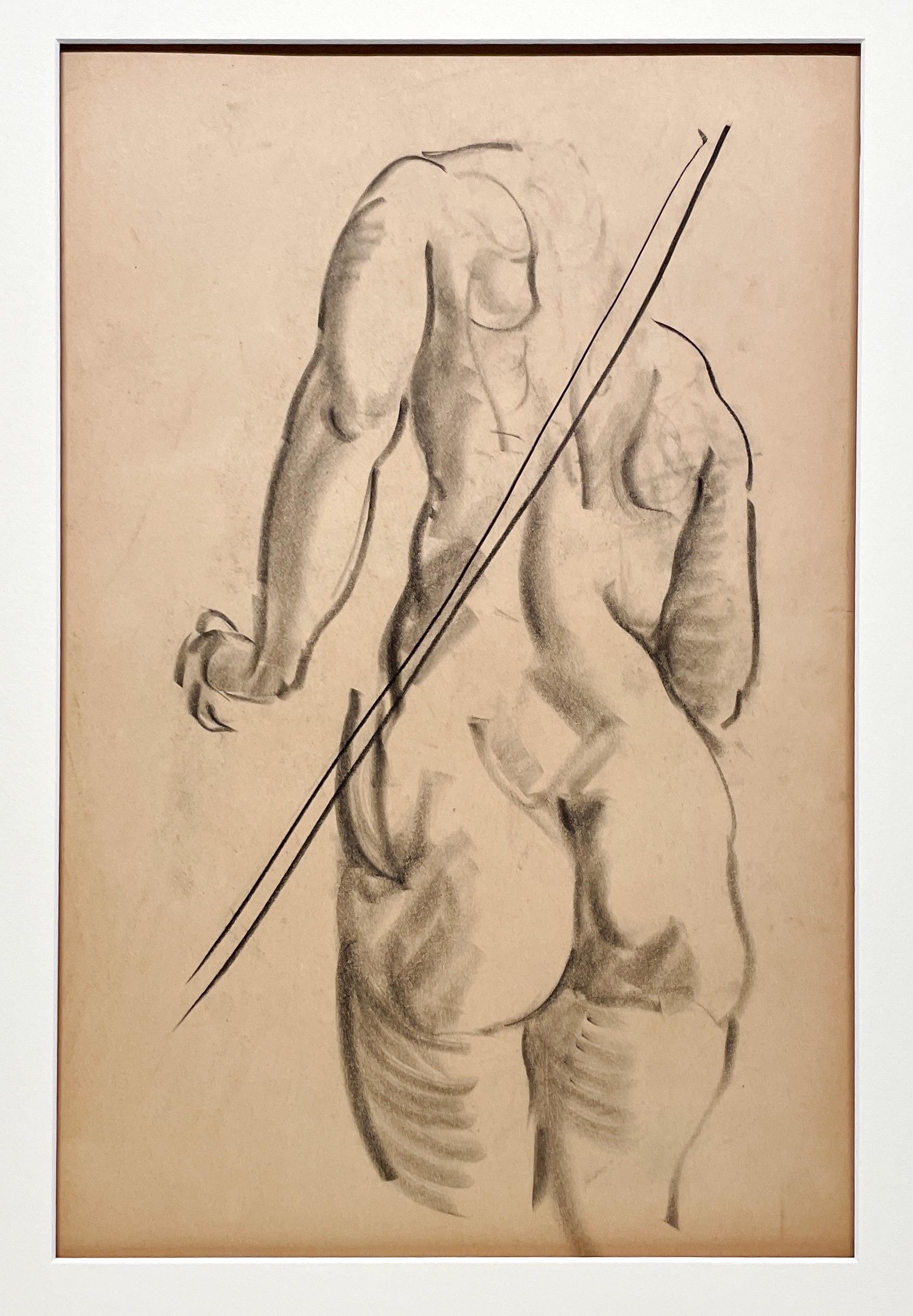 Étude de figure moderne des années 1930 très finement dessinée d'un modèle féminin nu (dos) - Modernisme américain Art par Harold Haydon