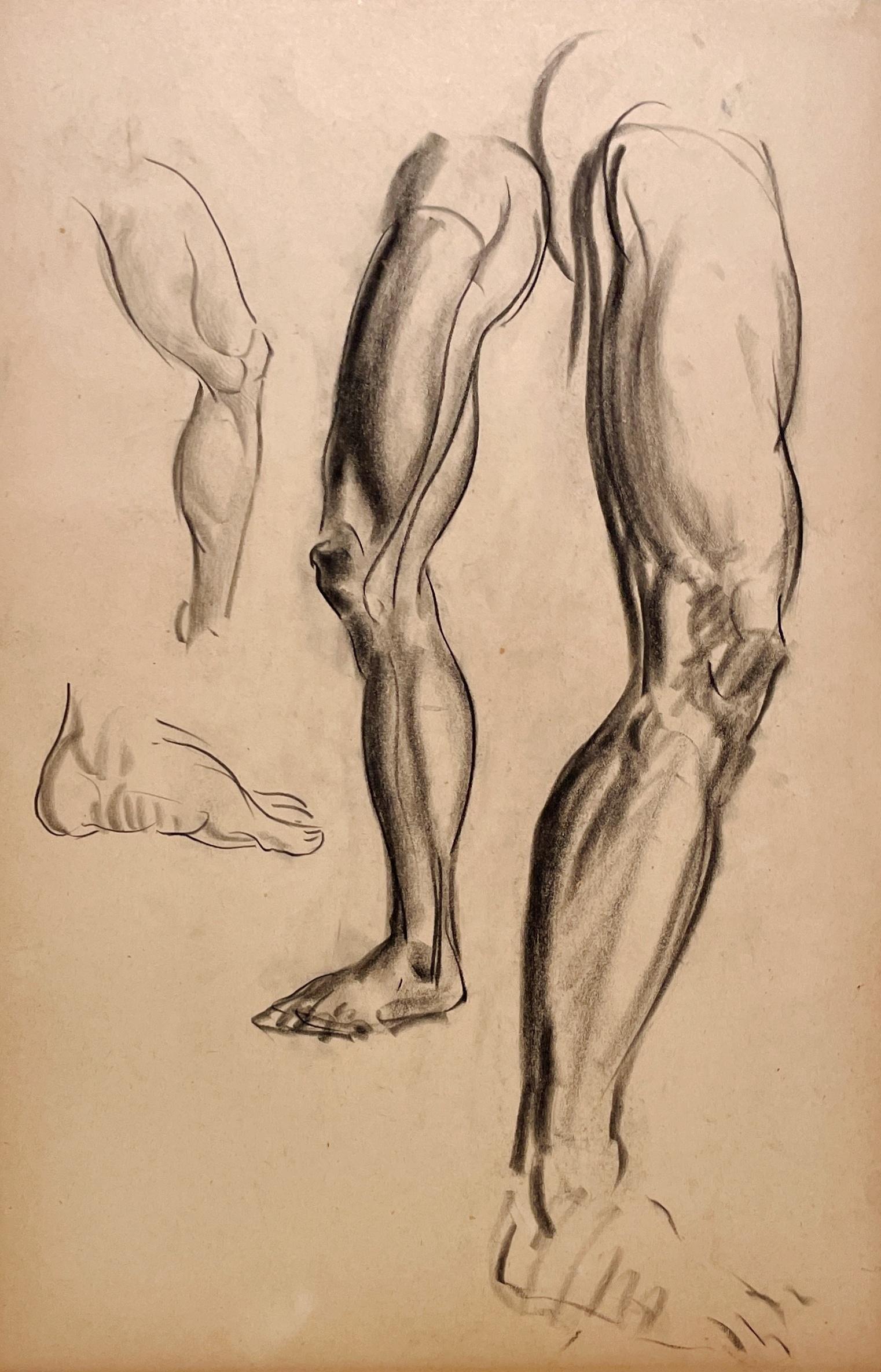 Un beau dessin d'étude anatomique moderne des années 1930 (jambes et pieds masculins)