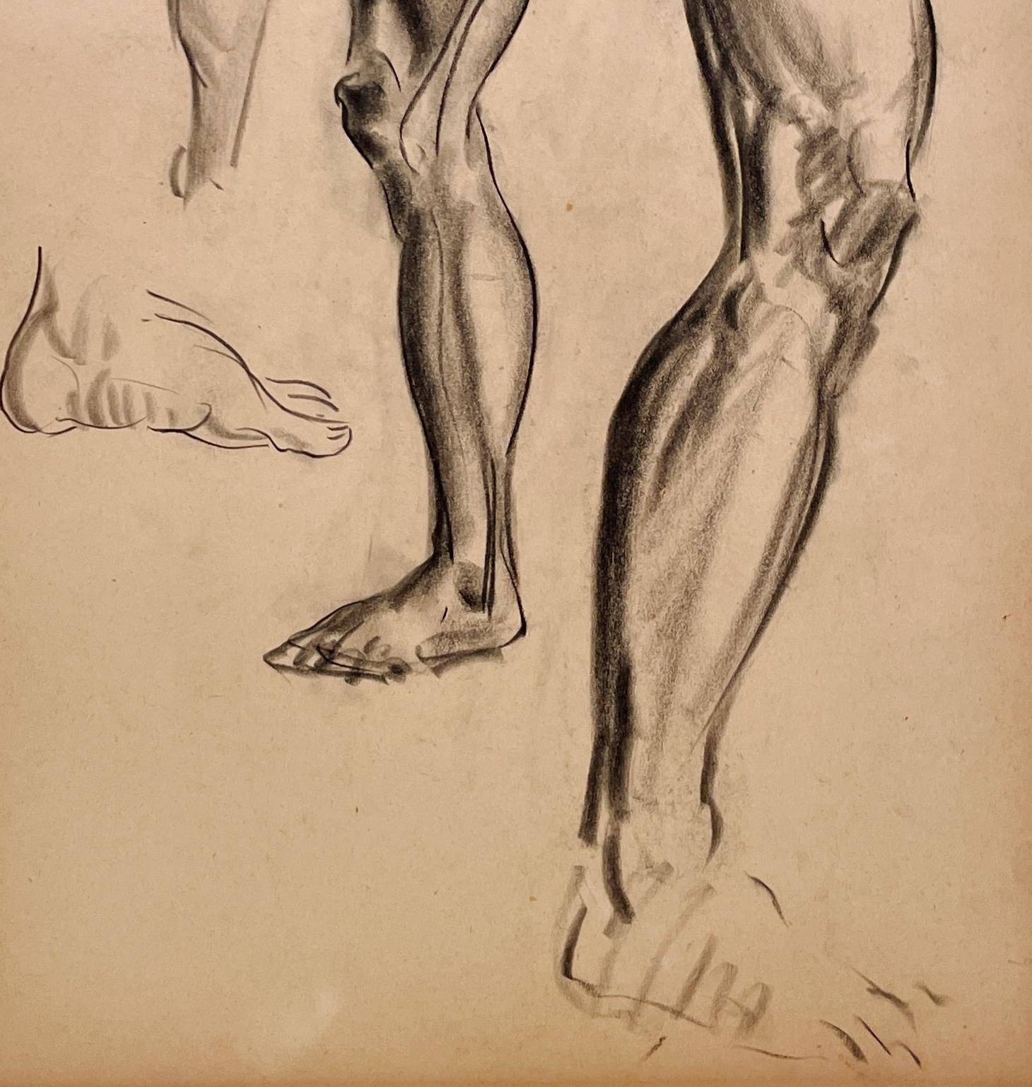 Un raffinato e moderno disegno di studio di figura anatomica accademica degli anni '30 (gambe e piedi maschili) in vendita 1