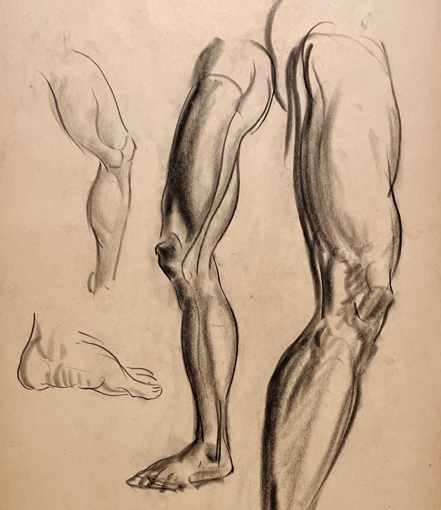 Un raffinato e moderno disegno di studio di figura anatomica accademica degli anni '30 (gambe e piedi maschili) in vendita 2