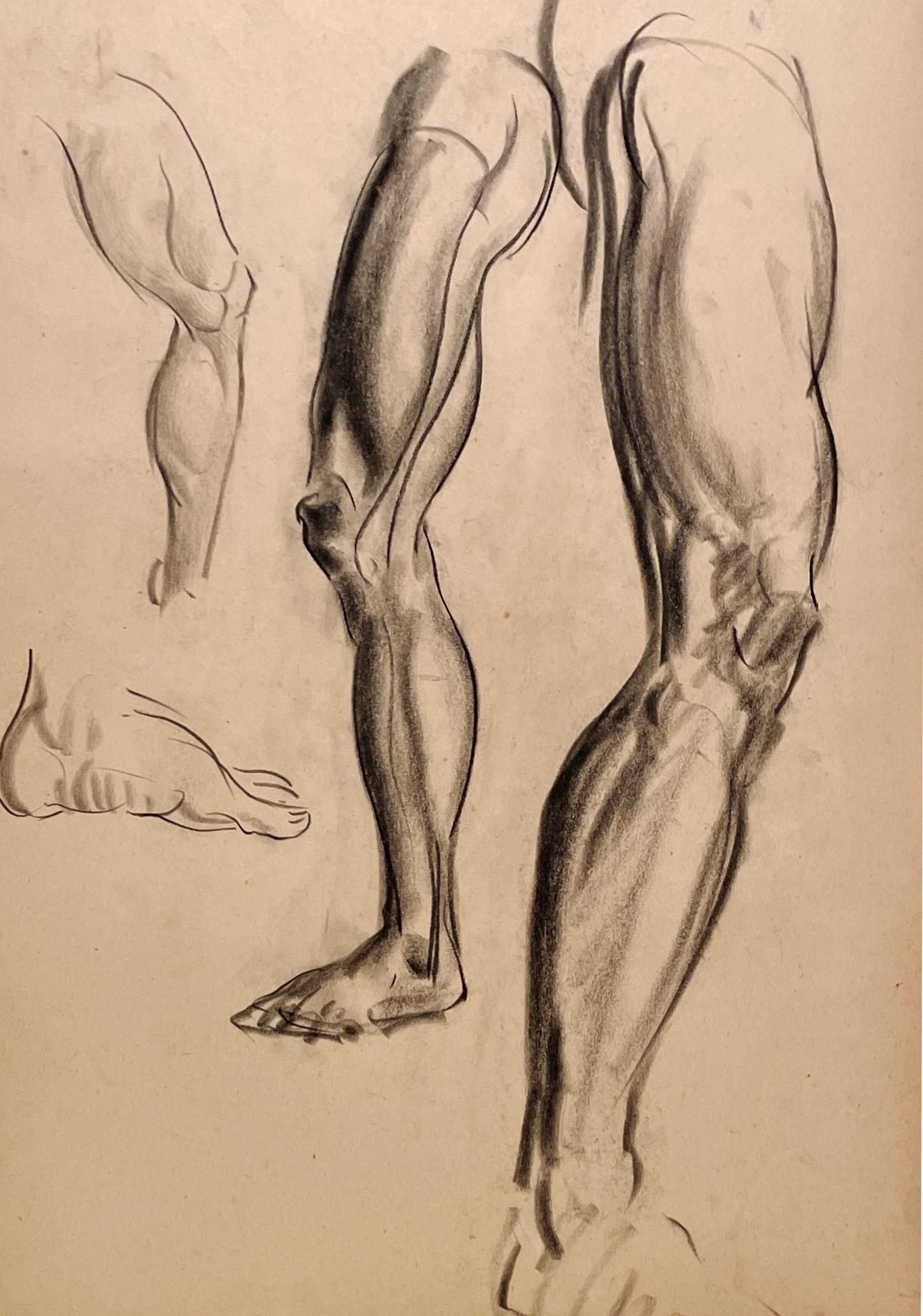Un raffinato e moderno disegno di studio di figura anatomica accademica degli anni '30 (gambe e piedi maschili) - Nude Beige di Harold Haydon