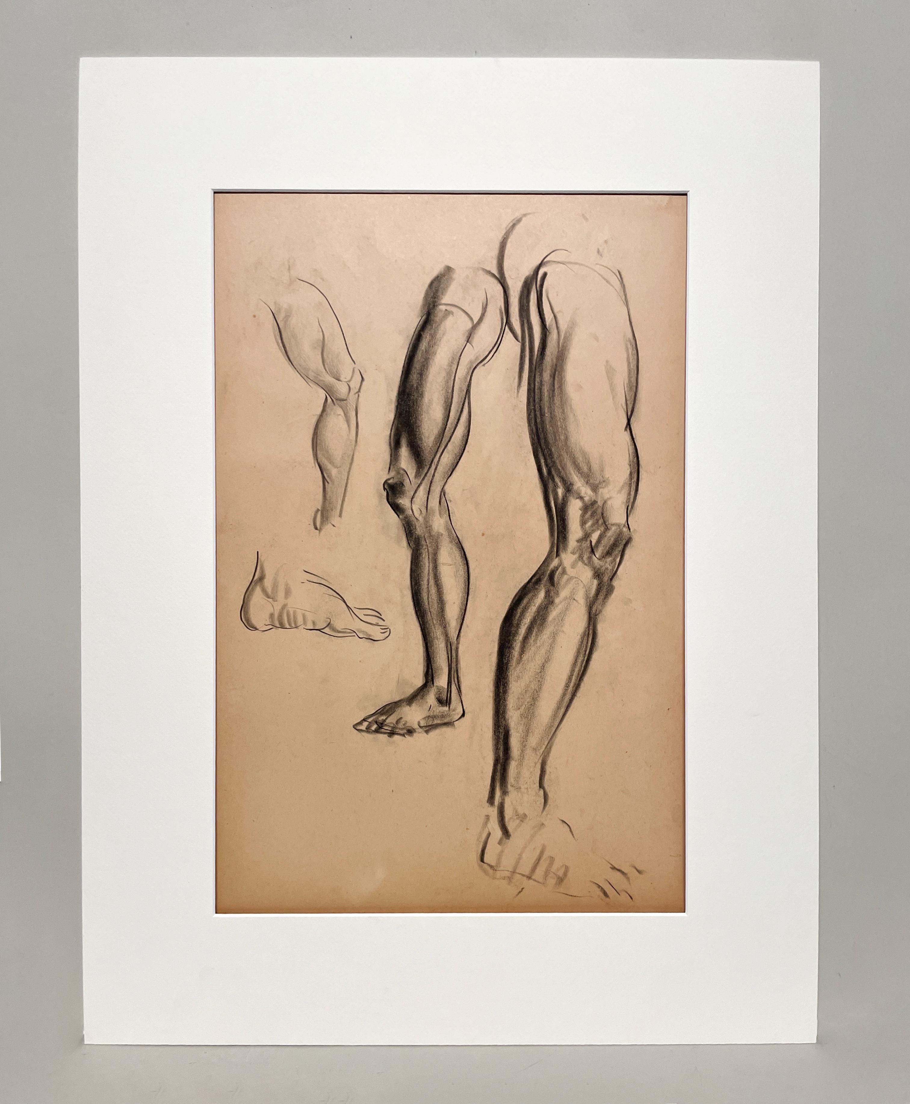 Un raffinato e moderno disegno di studio di figura anatomica accademica degli anni '30 (gambe e piedi maschili) - Art di Harold Haydon