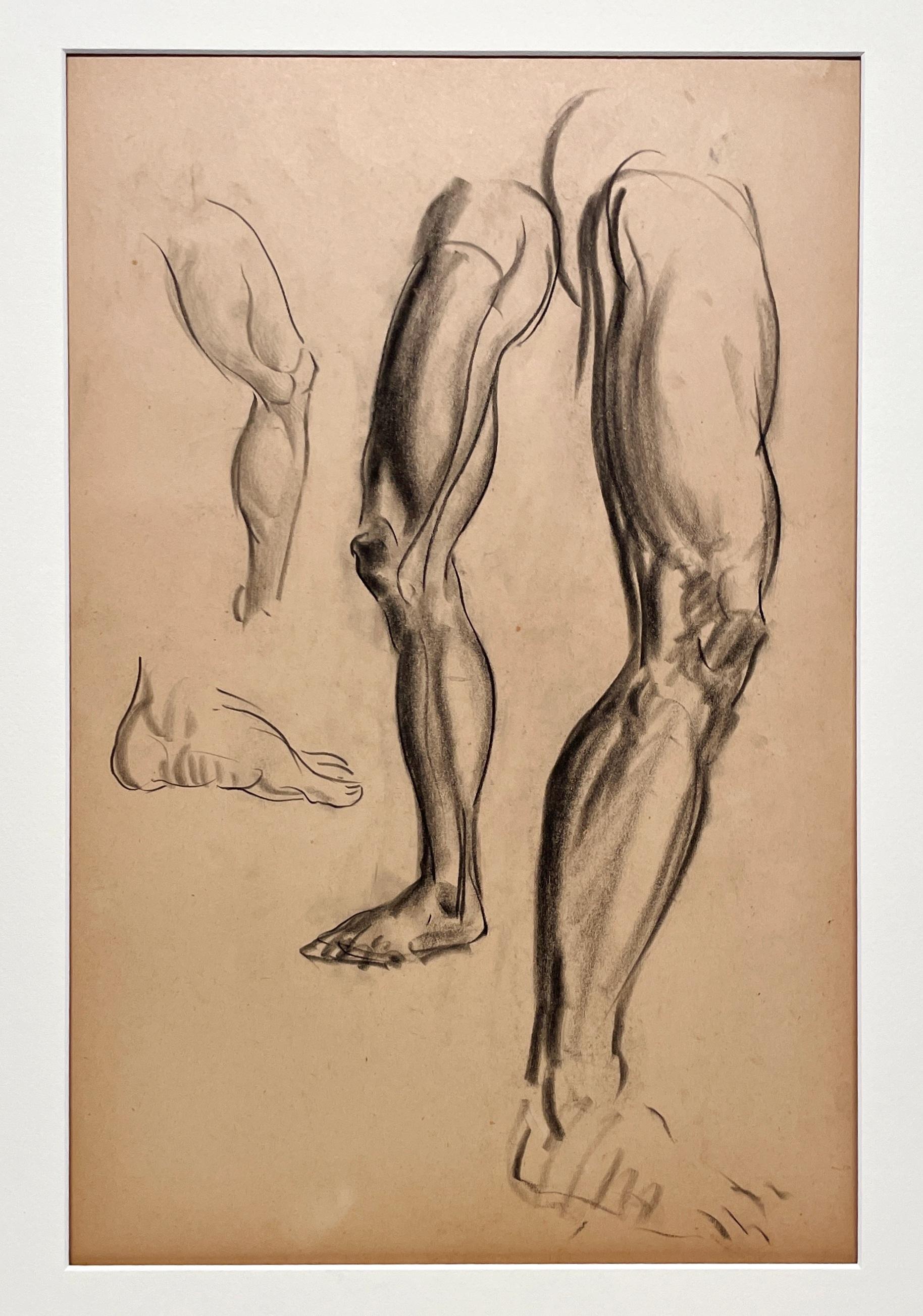 Un raffinato e moderno disegno di studio di figura anatomica accademica degli anni '30 (gambe e piedi maschili) - Art American Modern di Harold Haydon