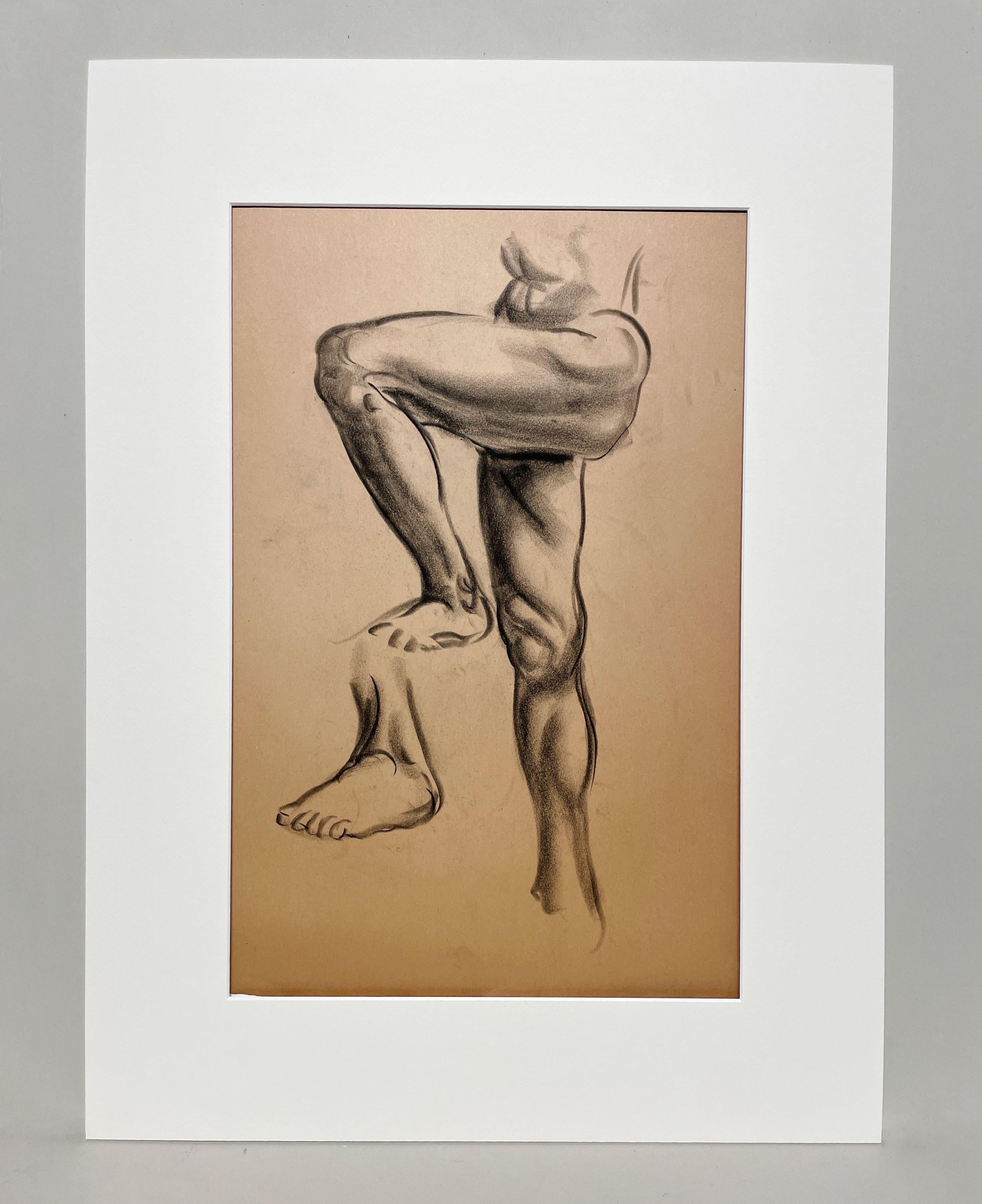 Un raffinato e moderno studio di figura anatomica accademica degli anni '30 (gamba maschile, ginocchio e piede) - Art di Harold Haydon