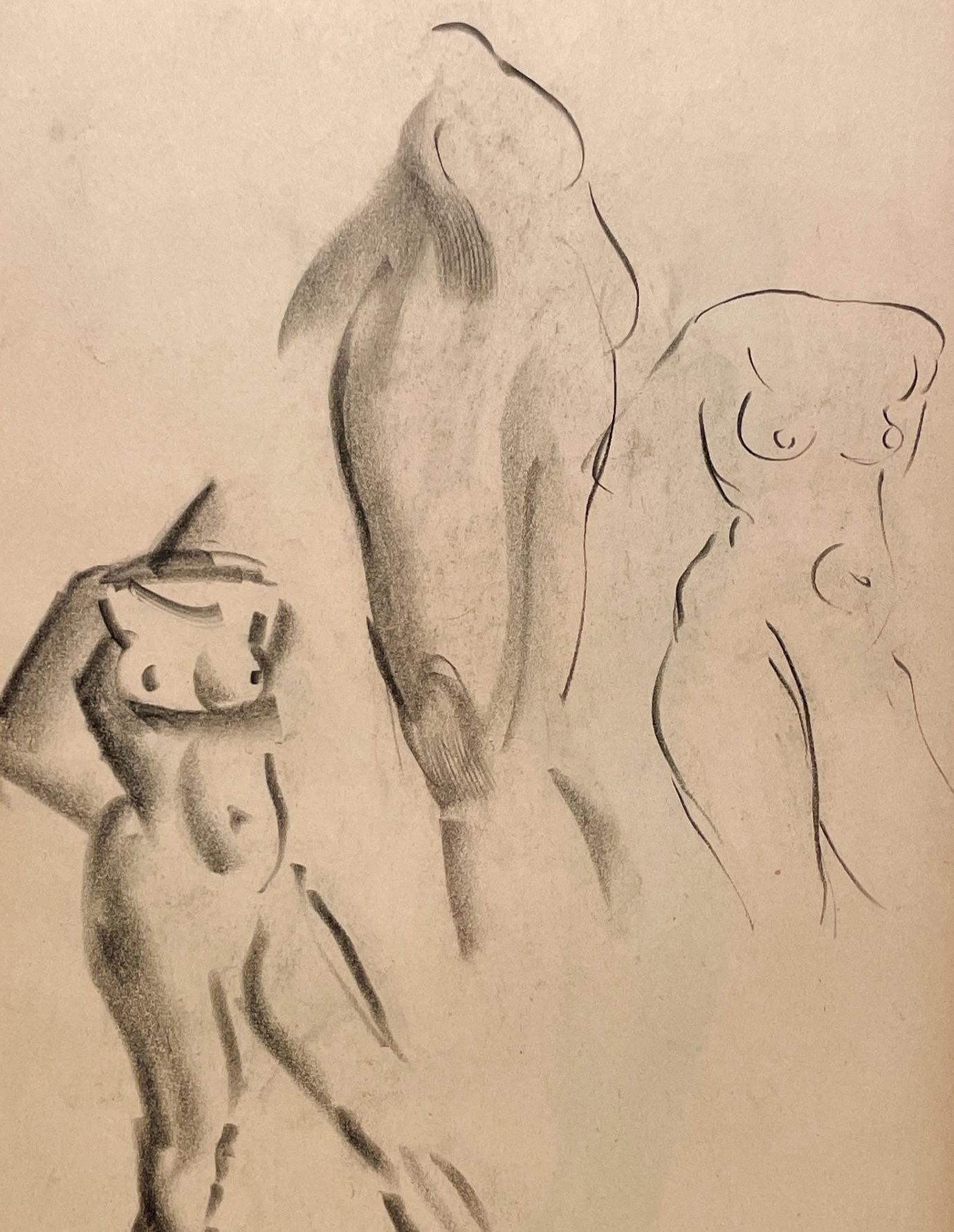 Une étude de figure moderne des années 1930, très finement dessinée, d'un modèle féminin nu debout (au dos) par le célèbre artiste moderne de Chicago, Harold Haydon (Am. 1909-1994).   Un premier dessin composite au fusain réalisé par Haydon, qui