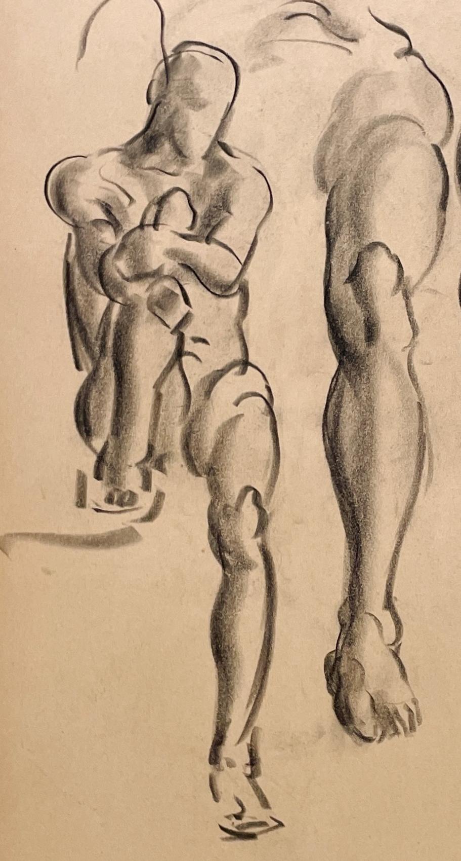 Une étude de figure moderne des années 1930, très finement dessinée, d'un modèle masculin nu assis par le célèbre artiste moderne de Chicago, Harold Haydon (Am. 1909-1994).   Un premier dessin composite au fusain de Haydon (une étude d'un modèle